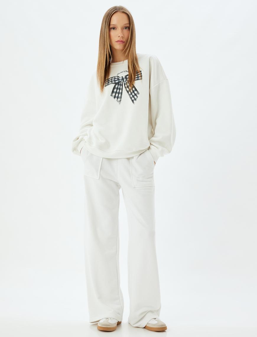   Oversize Sweatshirt Fiyonk Baskılı Bisiklet Yaka Sloganlı Şardonlu