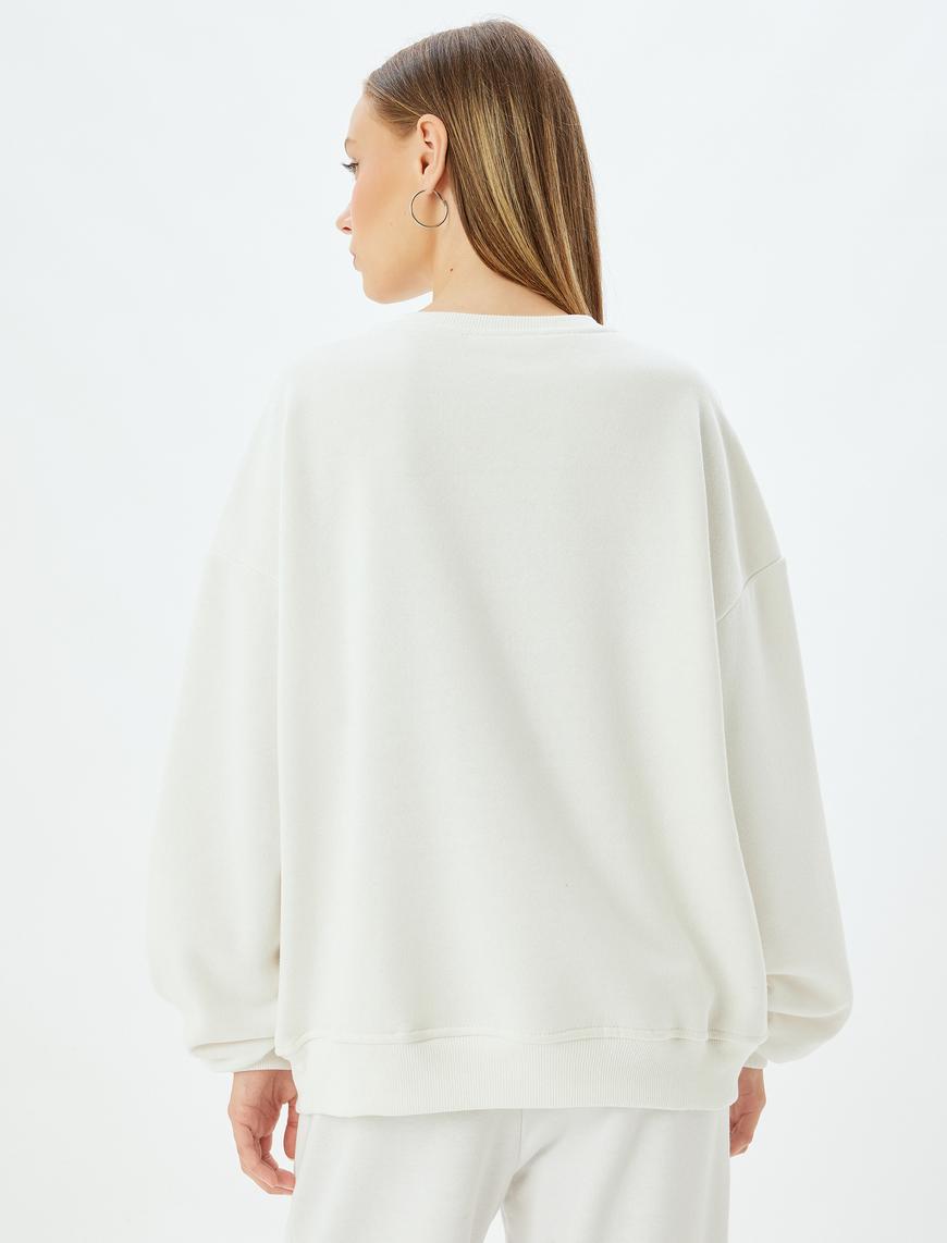   Oversize Sweatshirt Fiyonk Baskılı Bisiklet Yaka Sloganlı Şardonlu