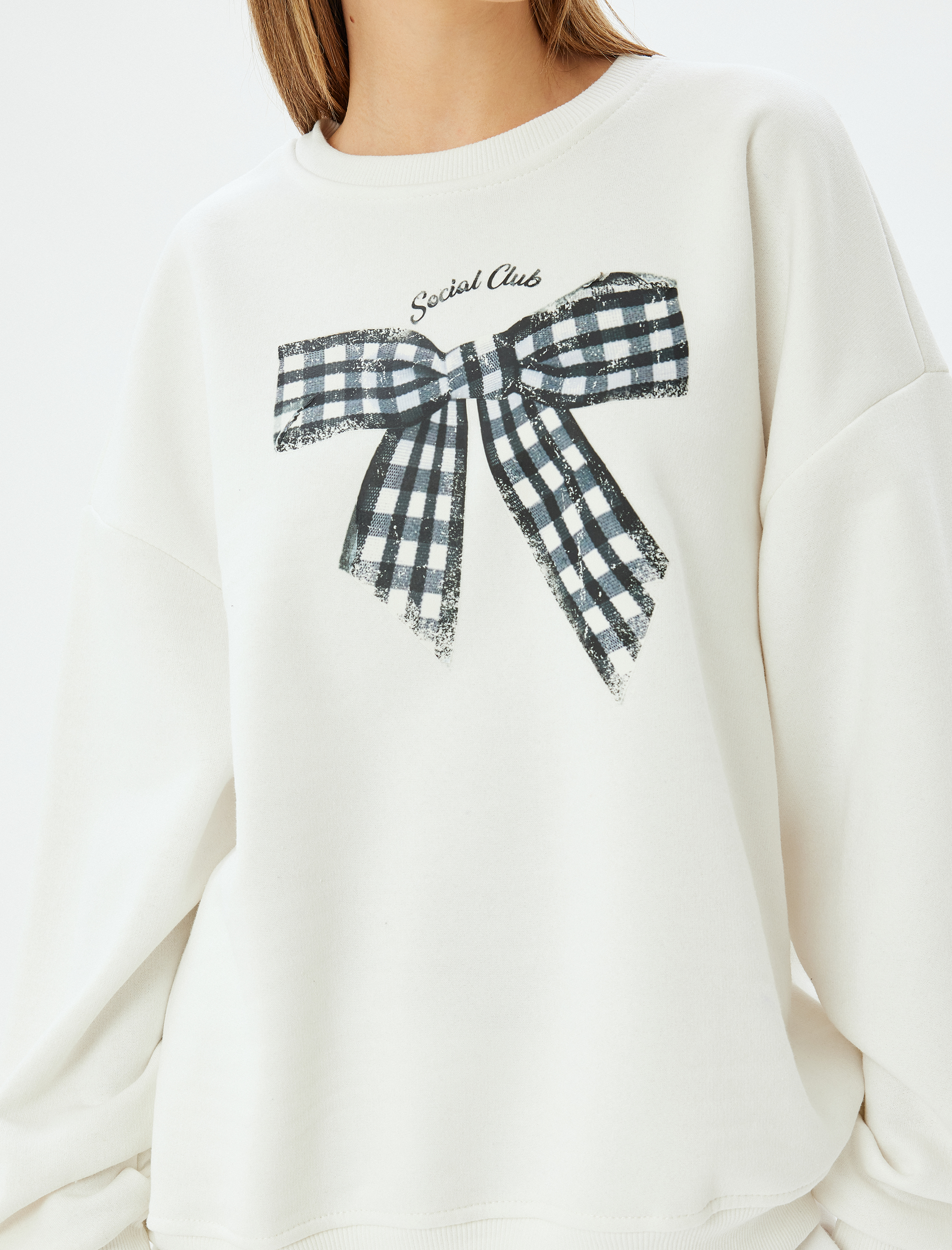   Oversize Sweatshirt Fiyonk Baskılı Bisiklet Yaka Sloganlı Şardonlu