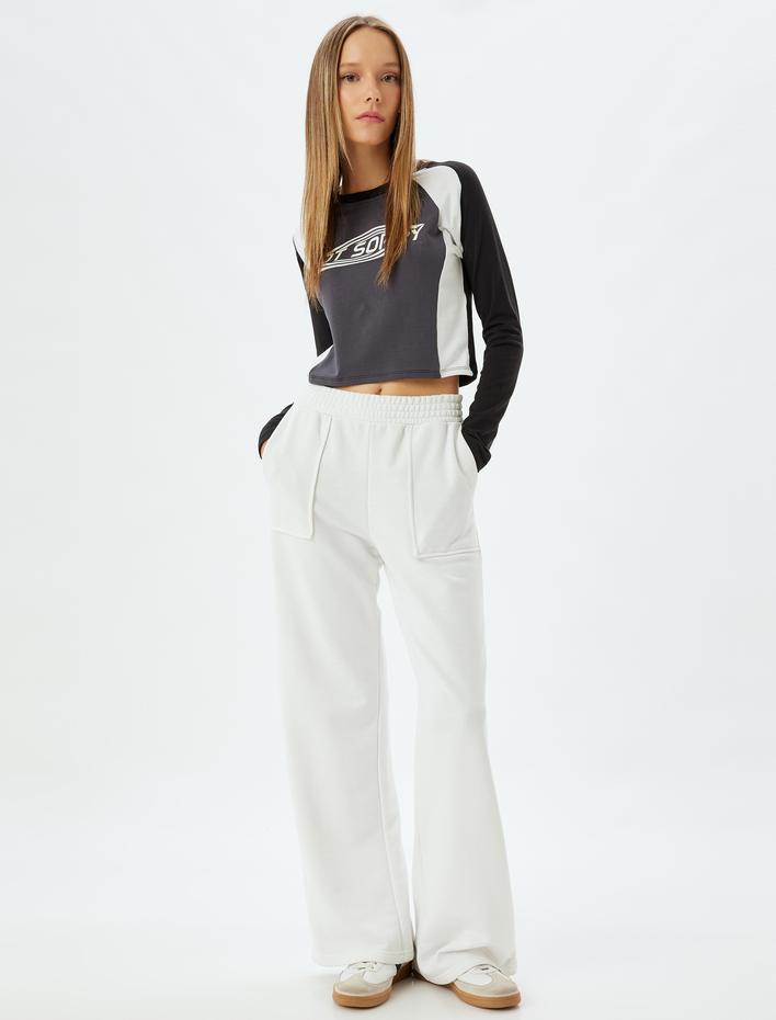  Crop Tişört Uzun Kollu Slogan Baskılı Renk Bloklu Bisiklet Yaka Slim Fit