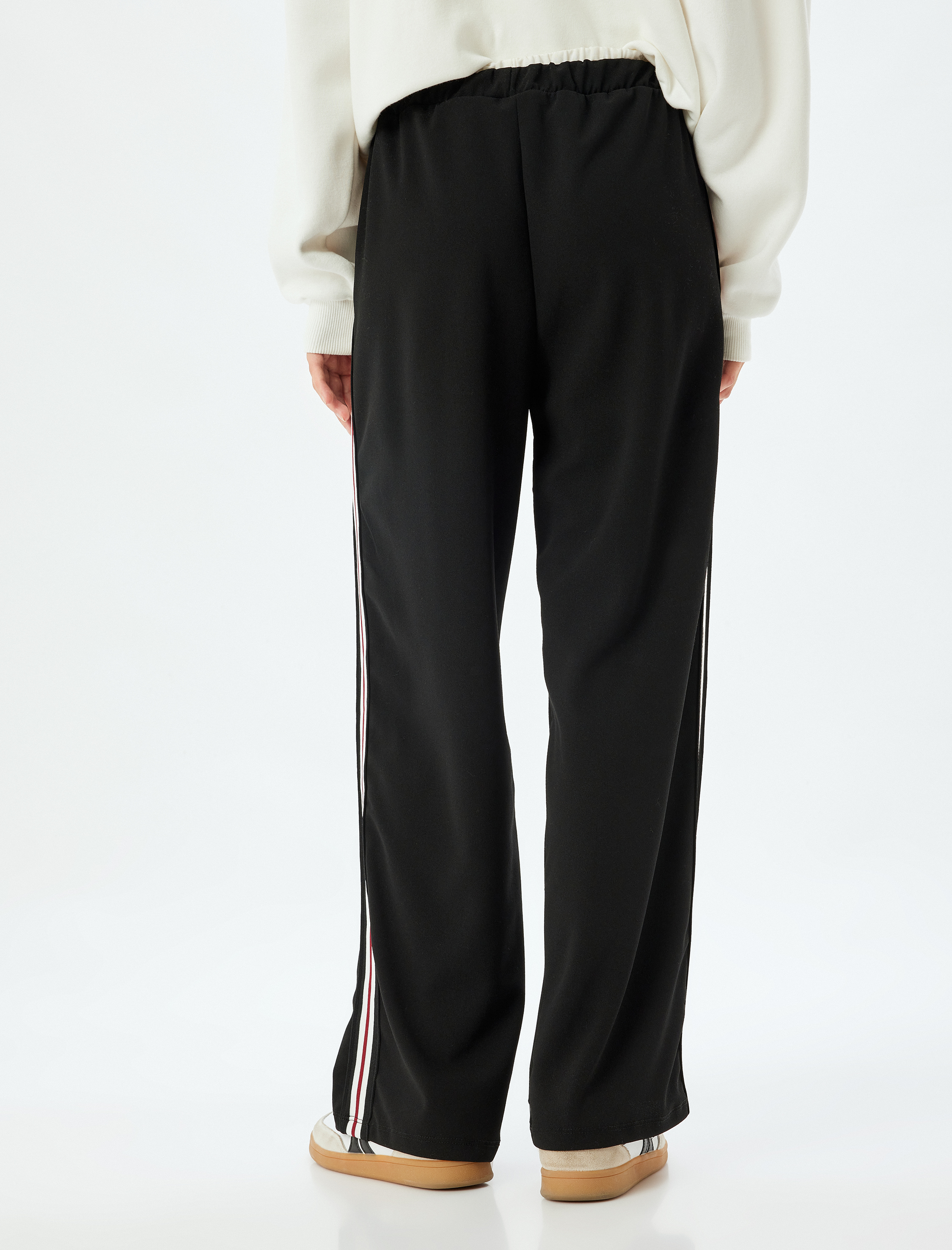   Bol Paça Pantolon Yüksek Bel Şerit Detaylı Beli Bağcıklı Krep Kumaş