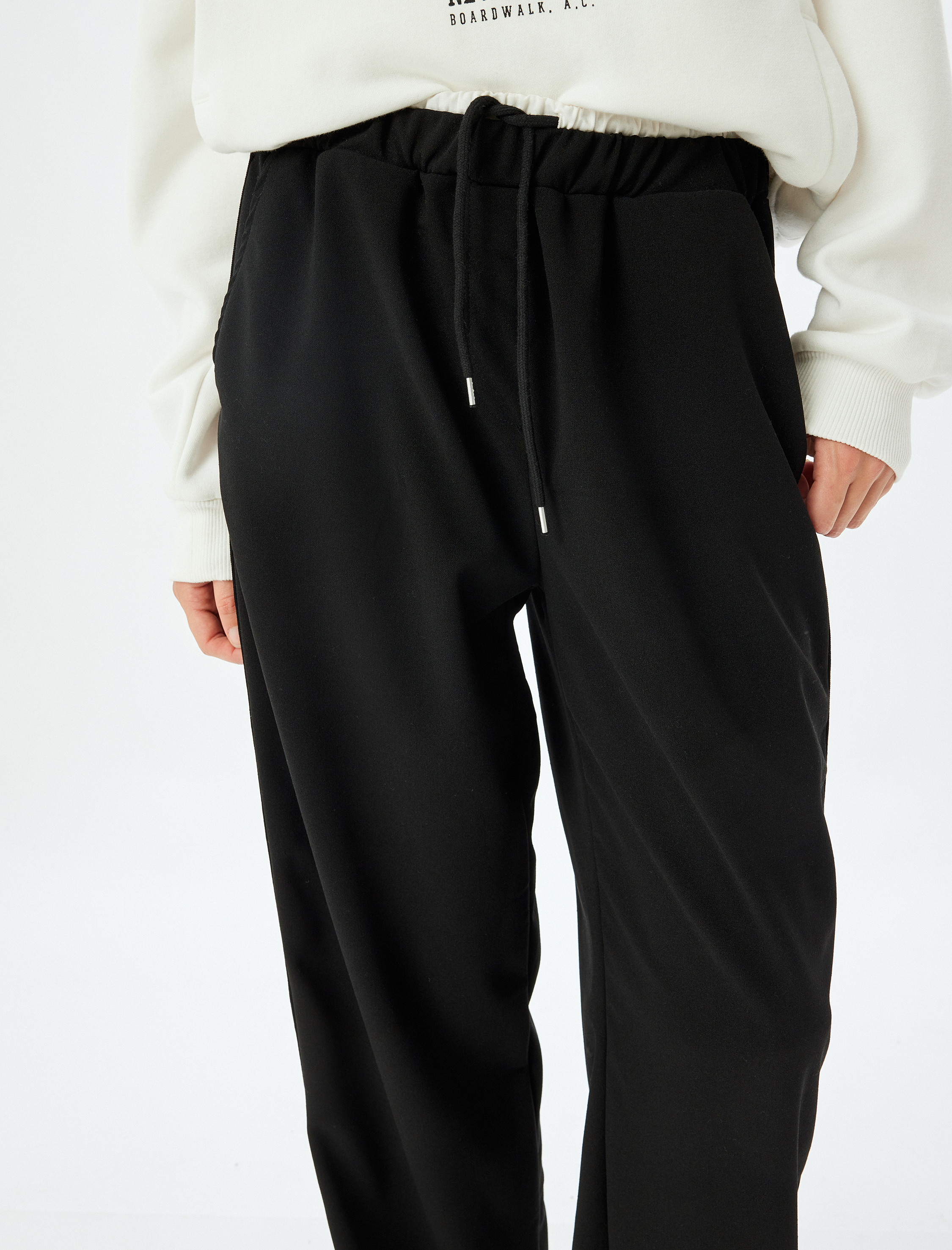   Bol Paça Pantolon Yüksek Bel Şerit Detaylı Beli Bağcıklı Krep Kumaş