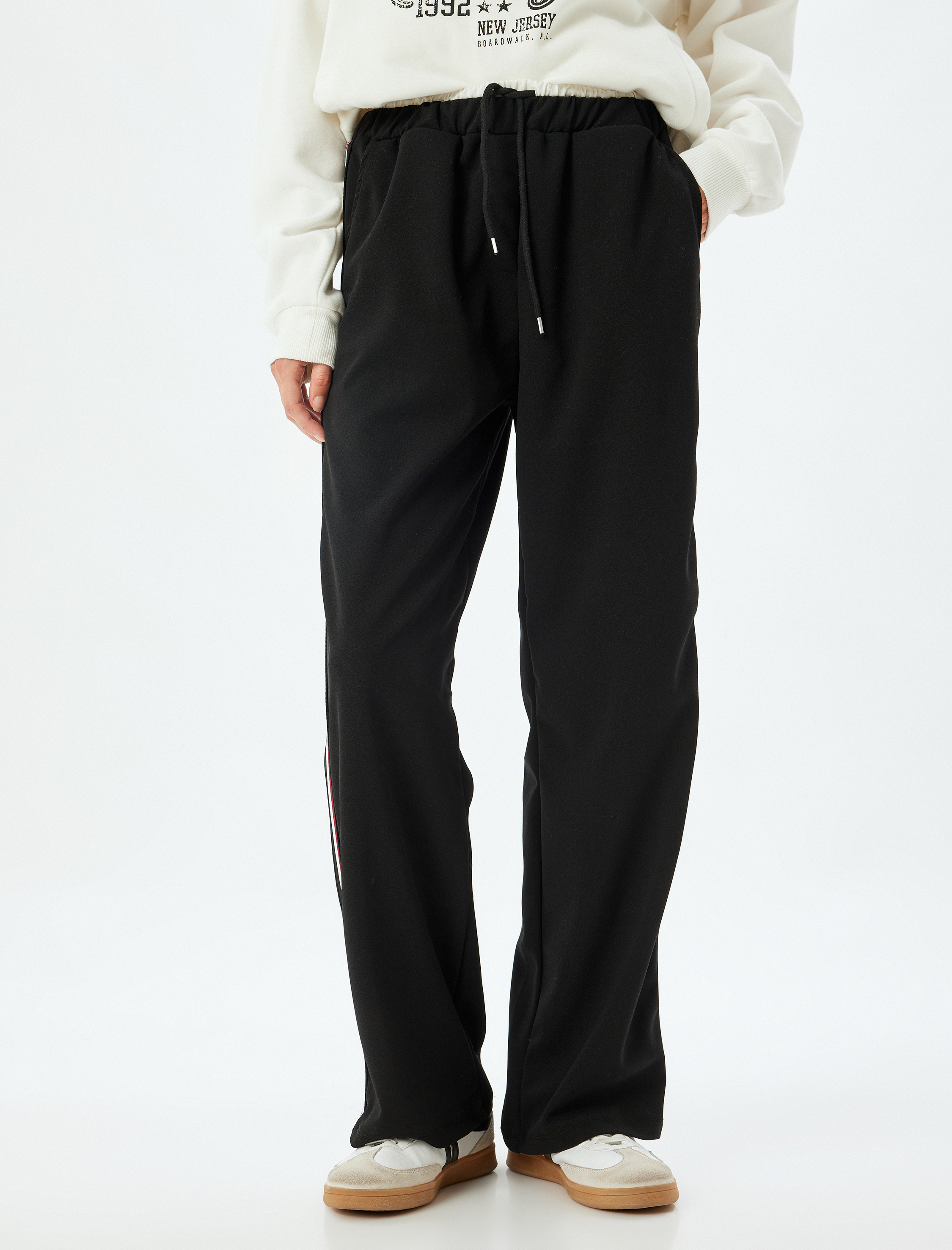   Bol Paça Pantolon Yüksek Bel Şerit Detaylı Beli Bağcıklı Krep Kumaş