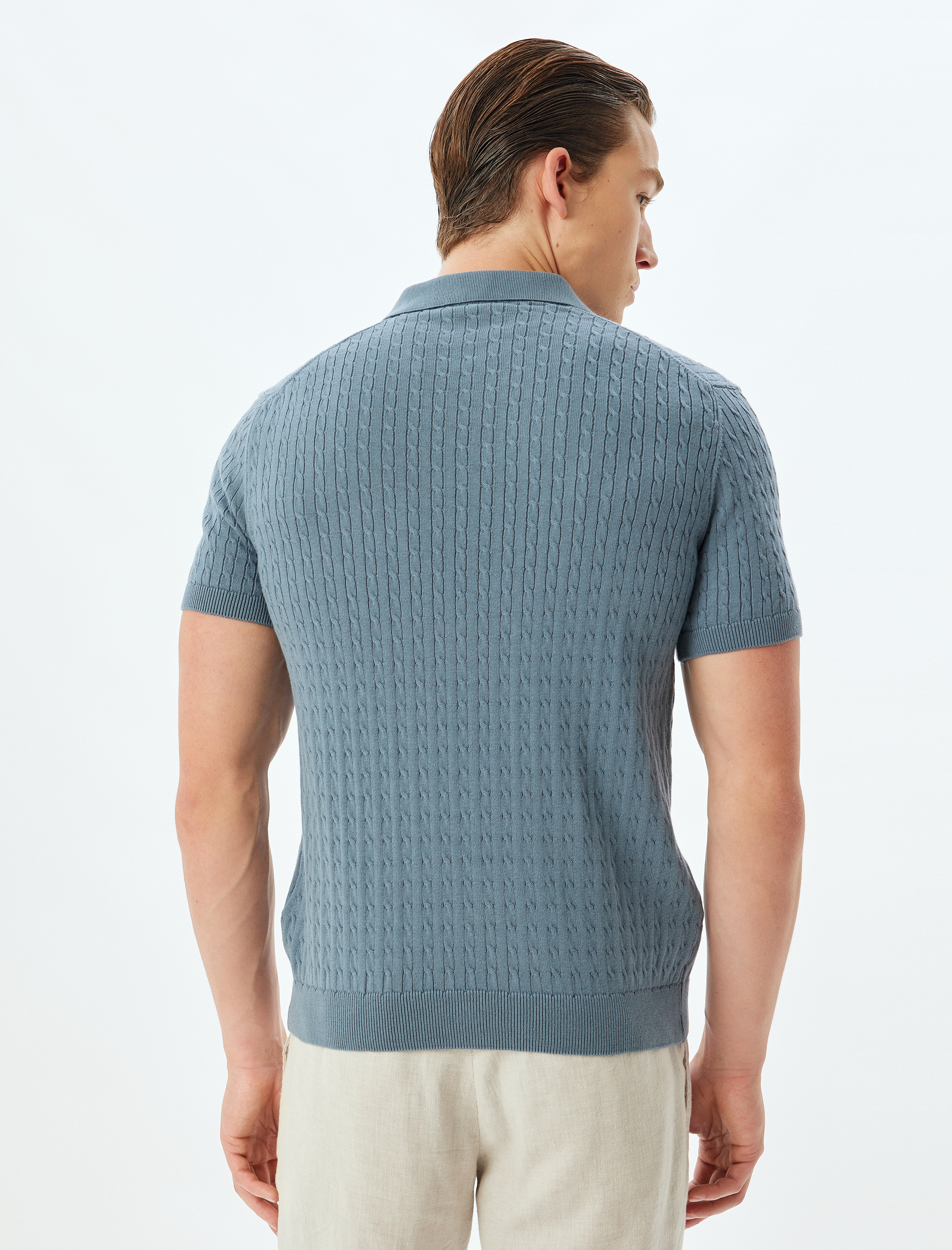   Triko Tişört Kısa Kollu Basic Polo V Yaka Örgü Dokulu Pamuklu