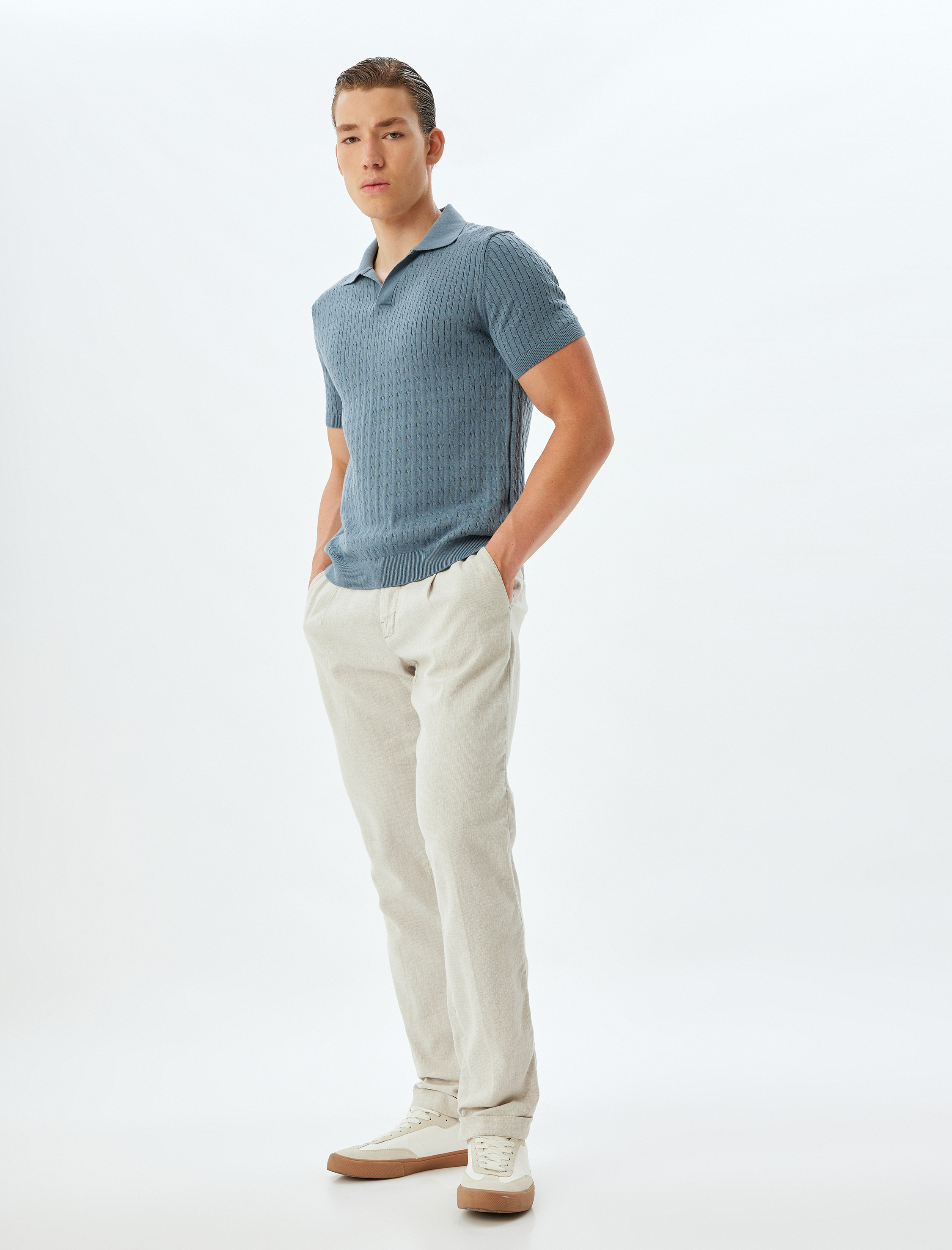   Triko Tişört Kısa Kollu Basic Polo V Yaka Örgü Dokulu Pamuklu