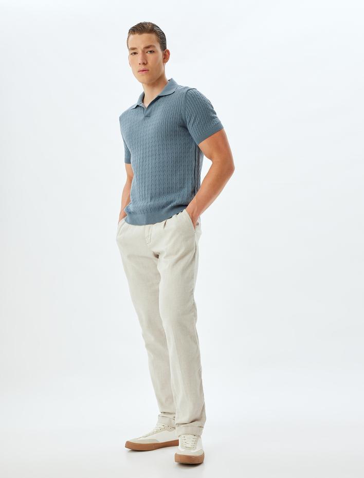  Triko Tişört Kısa Kollu Basic Polo V Yaka Örgü Dokulu Pamuklu