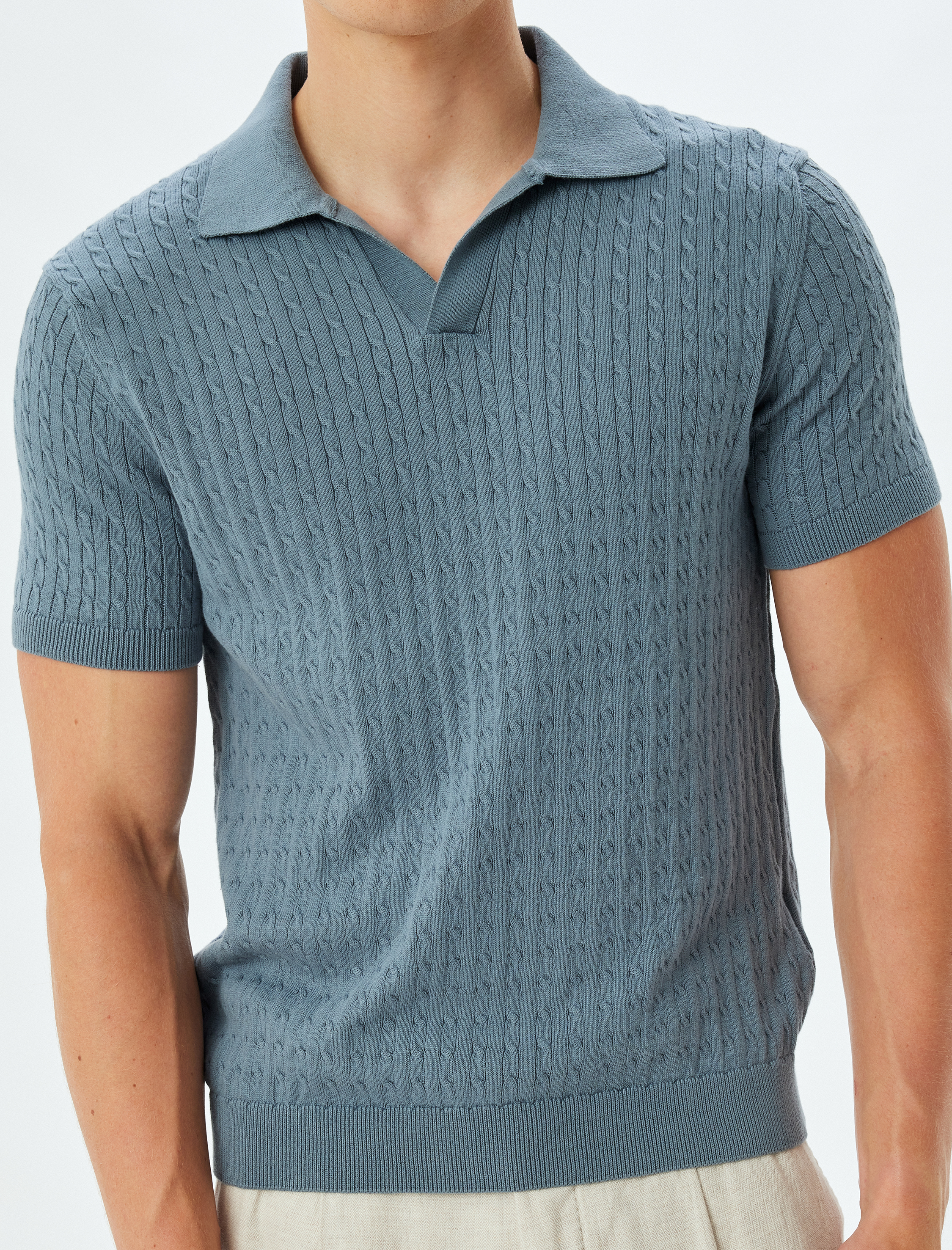   Triko Tişört Kısa Kollu Basic Polo V Yaka Örgü Dokulu Pamuklu