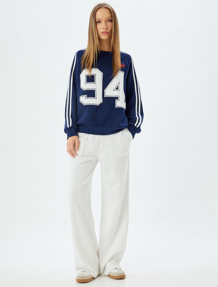  Şardonlu Oversize Sweatshirt Kolej Nakışlı Bisiklet Yaka Biyeli