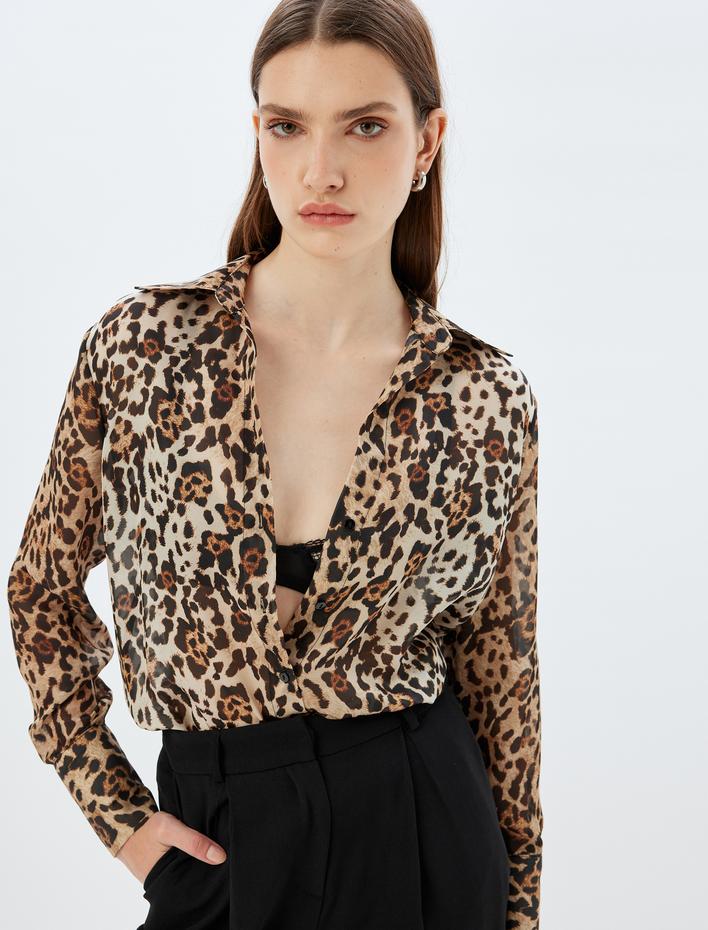  Leopar Desenli Gömlek Regular Fit Uzun Kollu