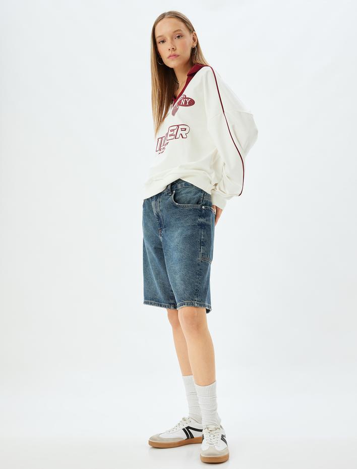  Oversize Bermuda Kot Şort Cep Detaylı Düğmeli Pamuklu