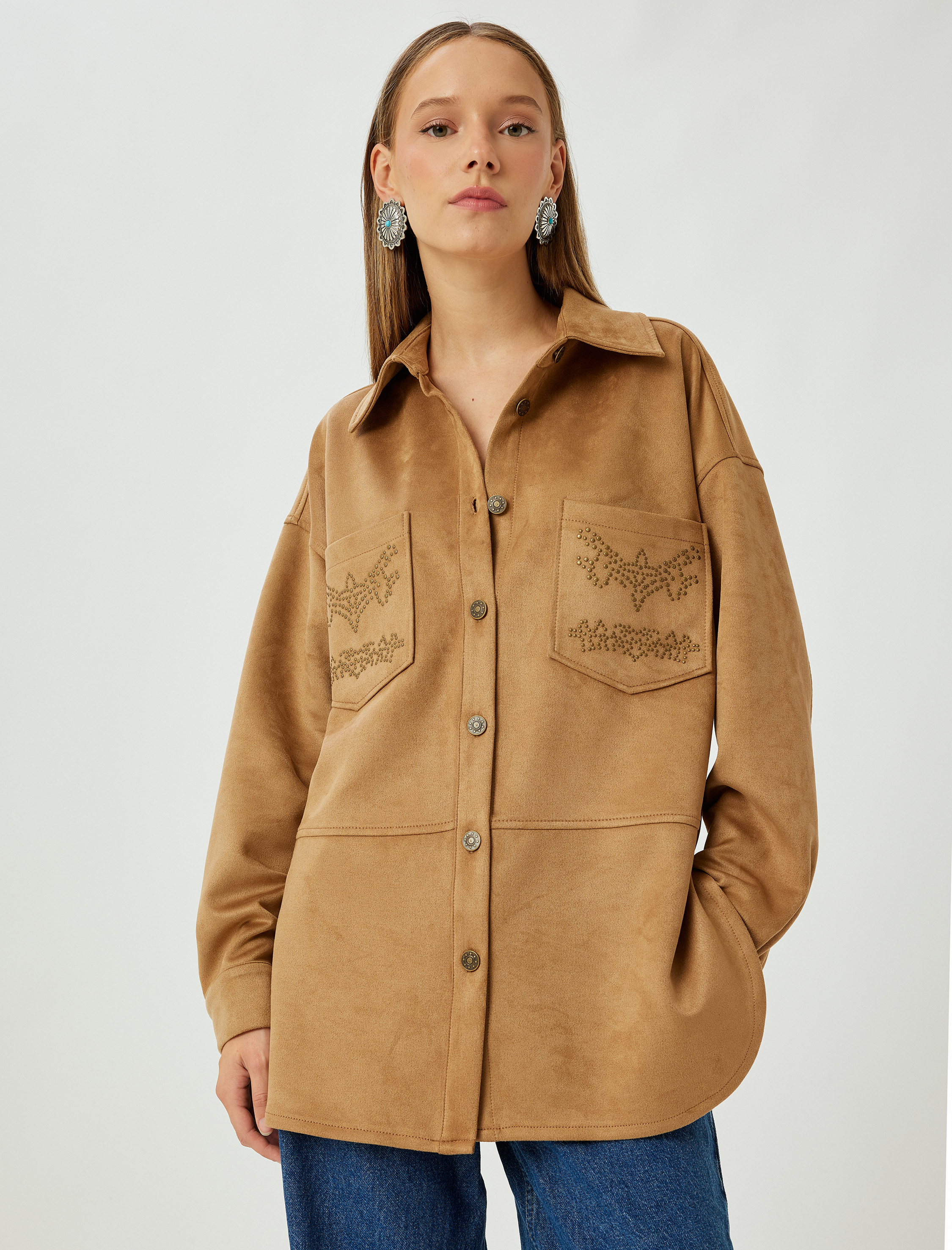   Süet Görünümlü Cepli Zımba Detaylı Gömlek Ceket