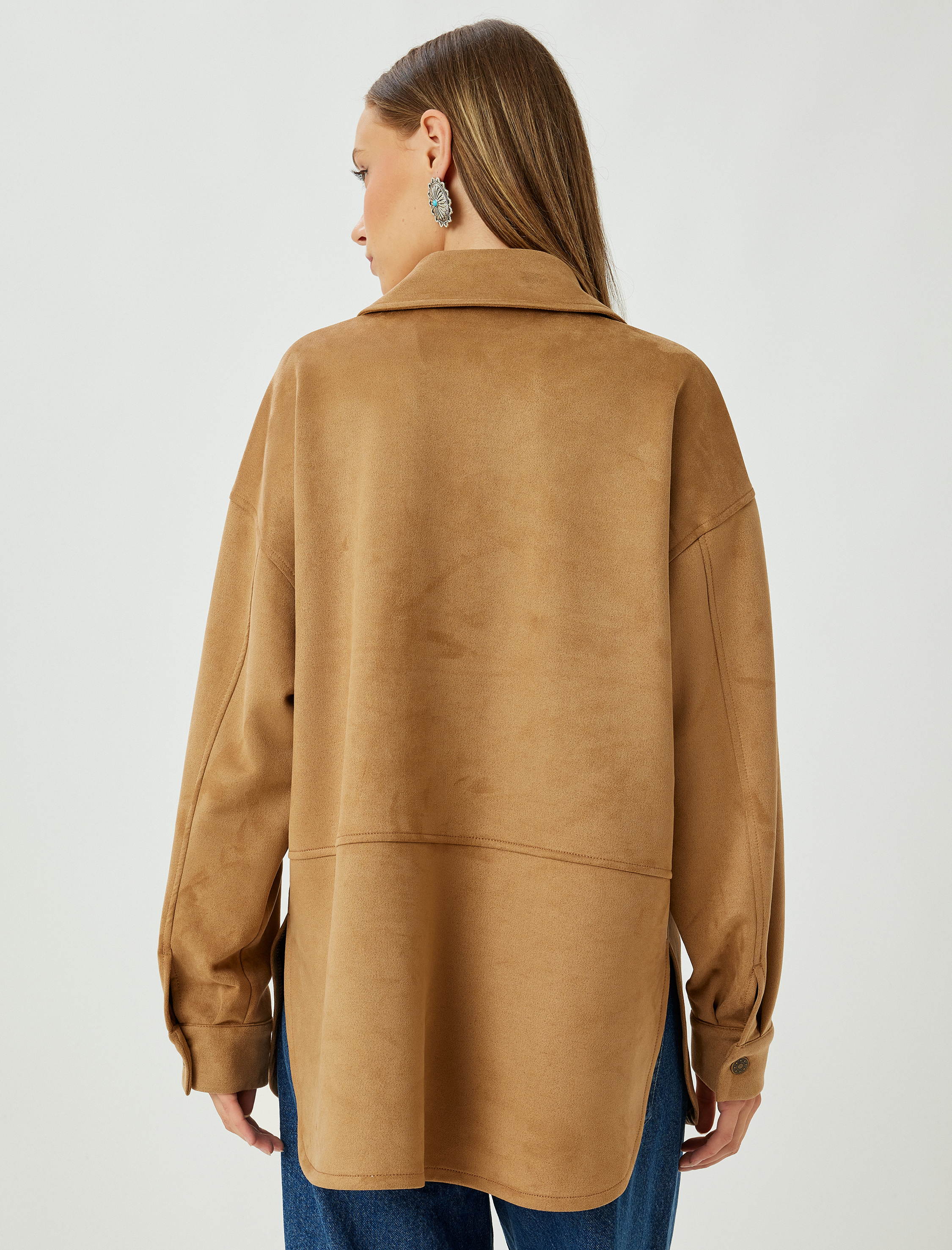  Süet Görünümlü Cepli Zımba Detaylı Gömlek Ceket