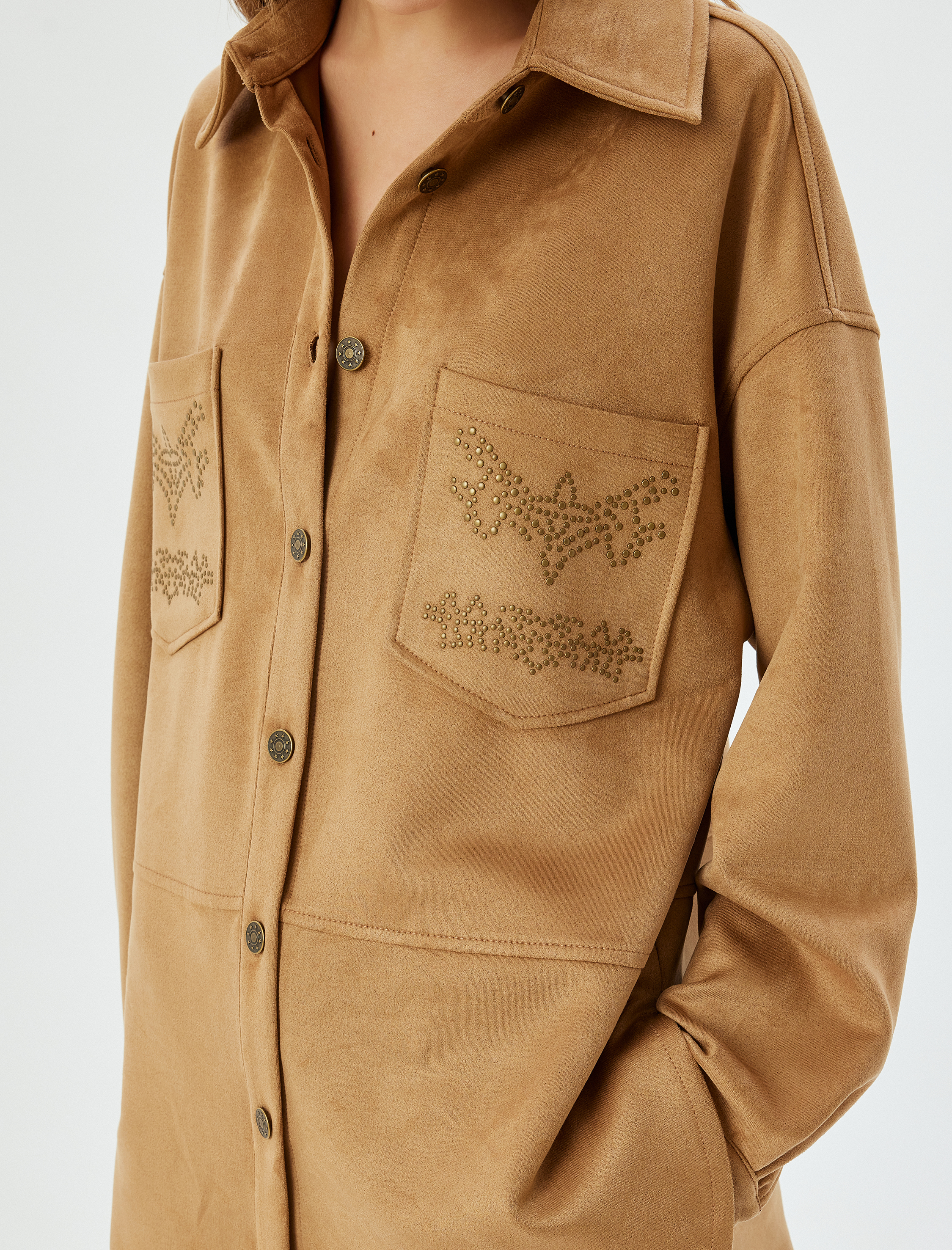   Süet Görünümlü Cepli Zımba Detaylı Gömlek Ceket