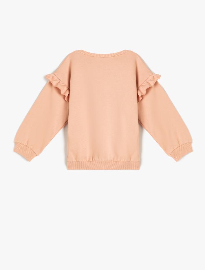 Kız Bebek Fırfırlı Sweatshirt Baskılı Uzun Kollu Bisiklet Yaka Şardonlu Pamuklu