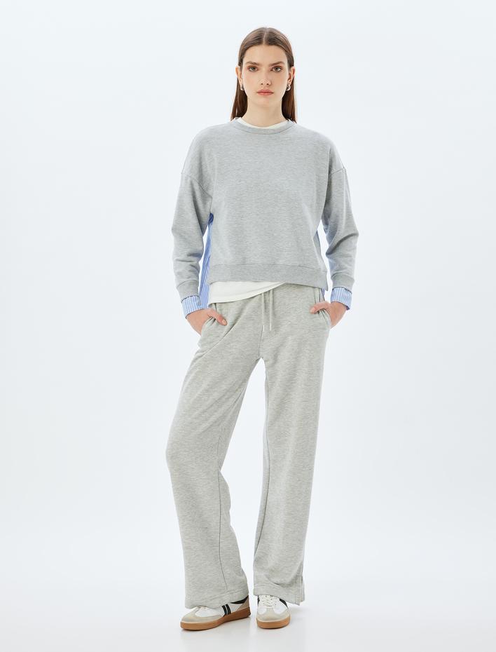  Oversize Sweatshirt İki Farklı Kumaş Kullanımlı Bisiklet Yaka Uzun Kollu