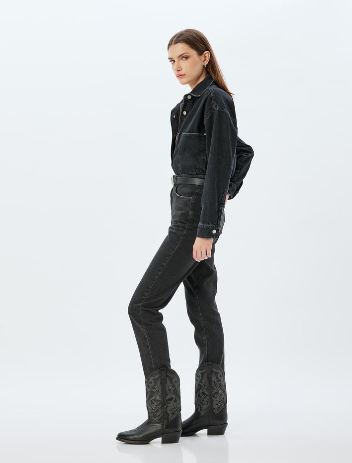  Mom Fit Kot Pantolon Standart Bel Kısa Paça Düğmeli Cepli Pamuklu - Mom Fit Jeans