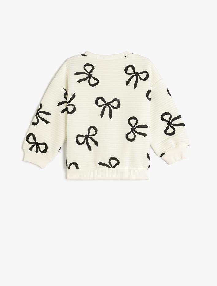 Kız Bebek Sweat Bisiklet Yaka Uzun Kollu Fiyonk Baskılı Pamuklu