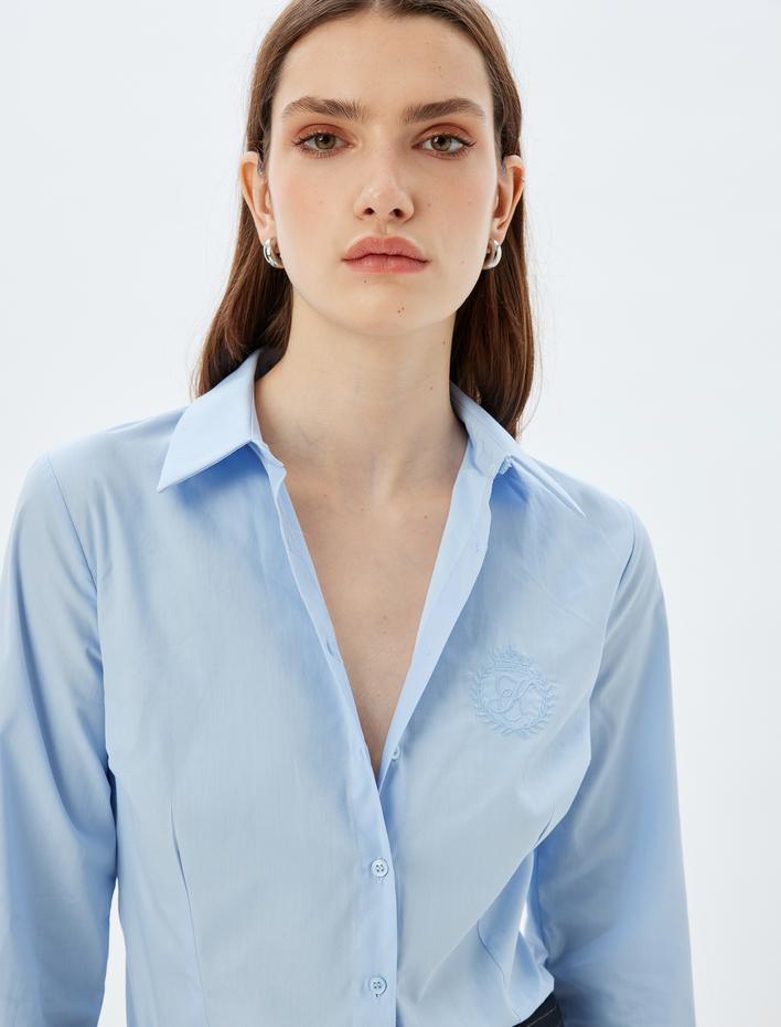  Slim Fit Gömlek Arma İşleme Detaylı Uzun Kollu Klasik Yaka