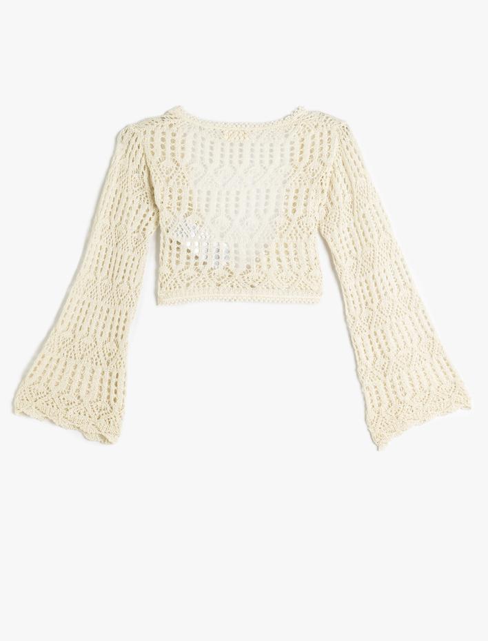 Kız Çocuk Crop Ajurlu Hırka V Yaka Uzun Kollu