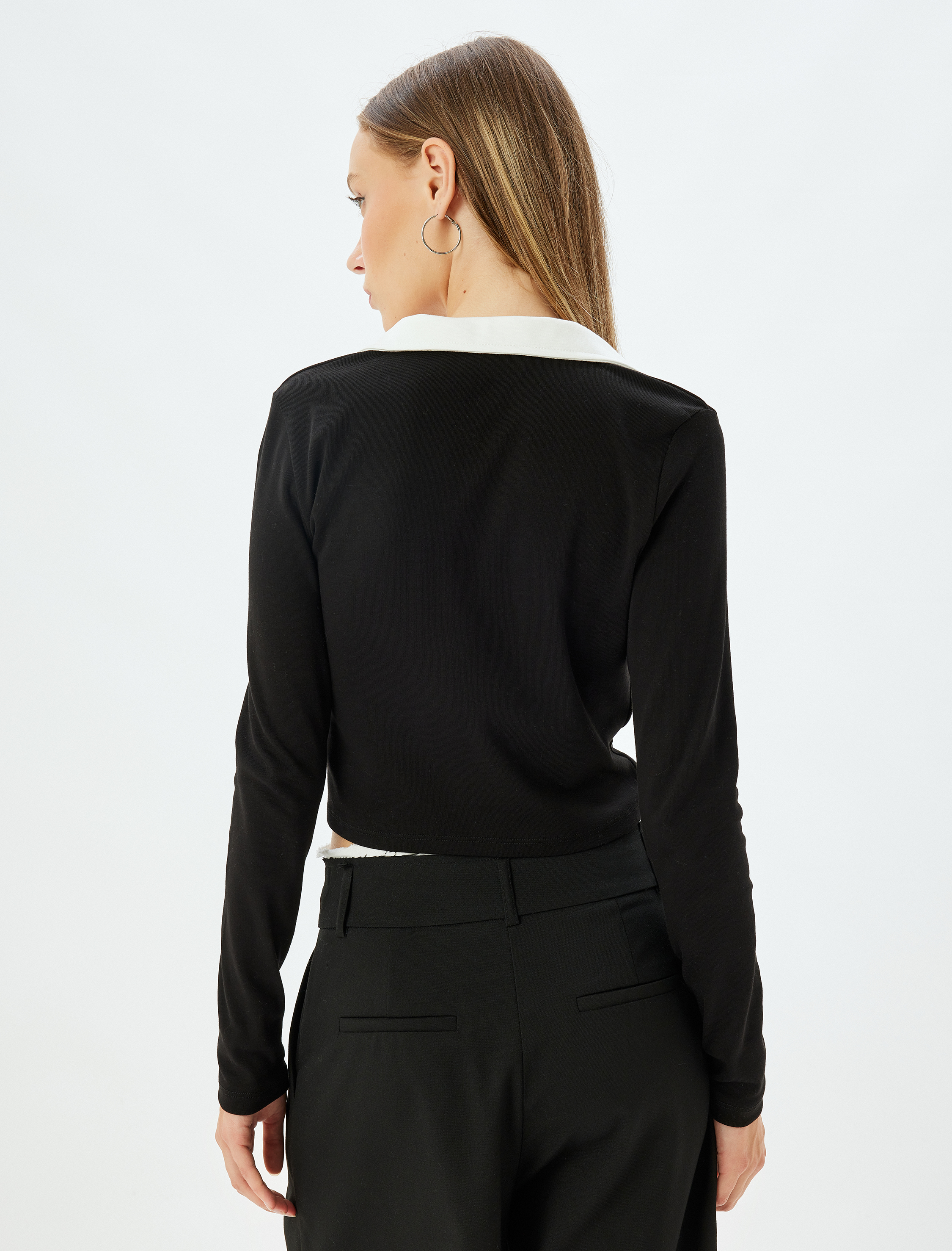 Polo Yaka Tişört Crop Uzun Kollu Kolej Baskılı Biyeli Slim Fit