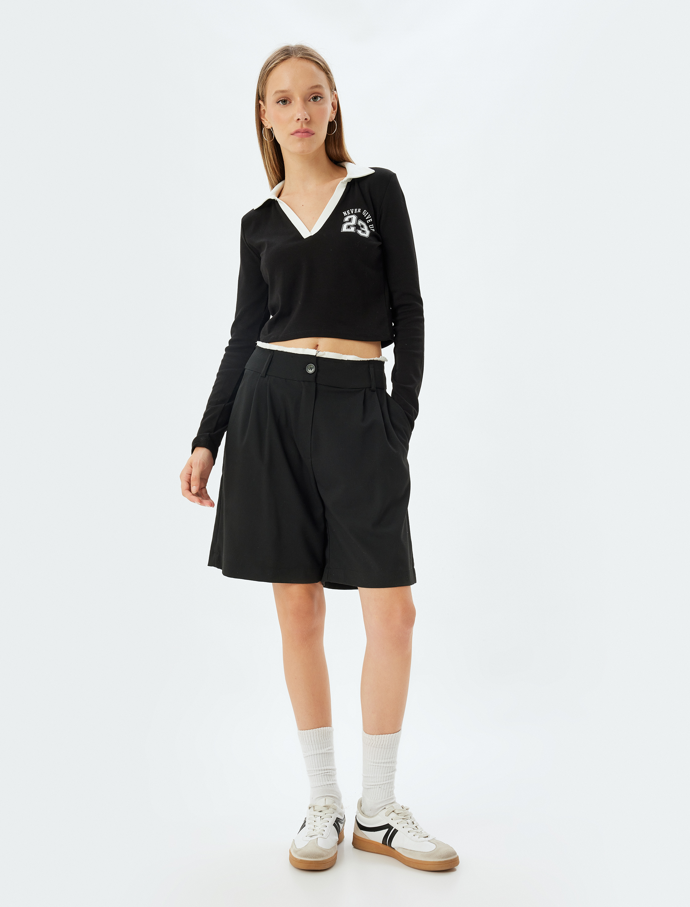 Polo Yaka Tişört Crop Uzun Kollu Kolej Baskılı Biyeli Slim Fit