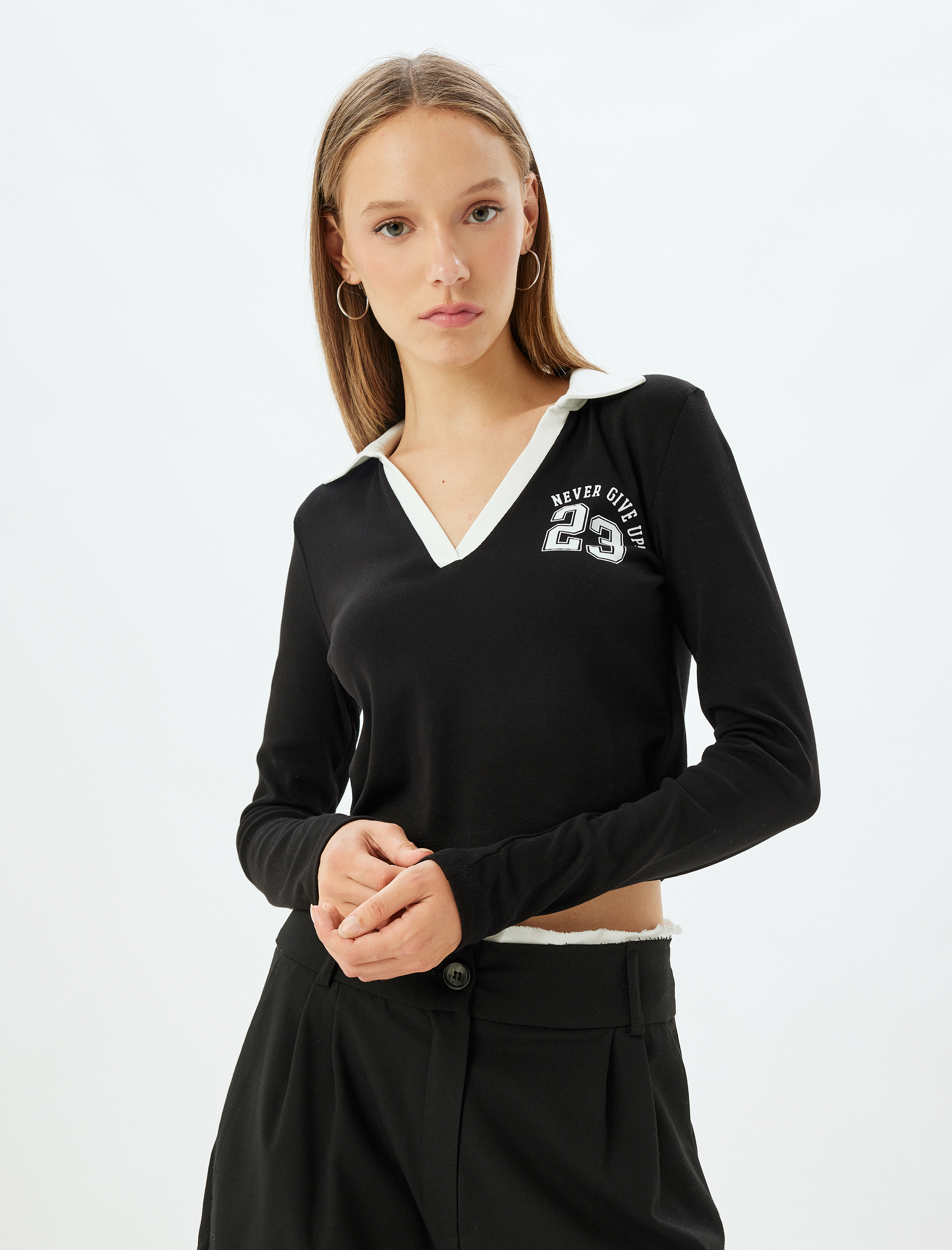 Polo Yaka Tişört Crop Uzun Kollu Kolej Baskılı Biyeli Slim Fit