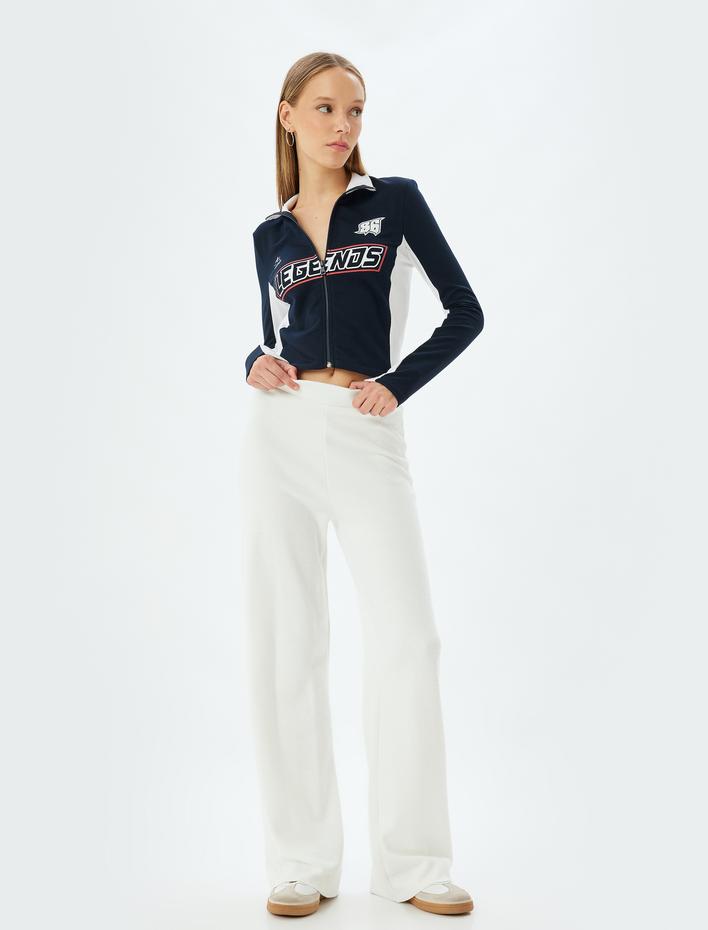  Fermuarlı Tişört Uzun Kollu Baskılı Dik Yaka Biyeli Slim Fit Şardonlu