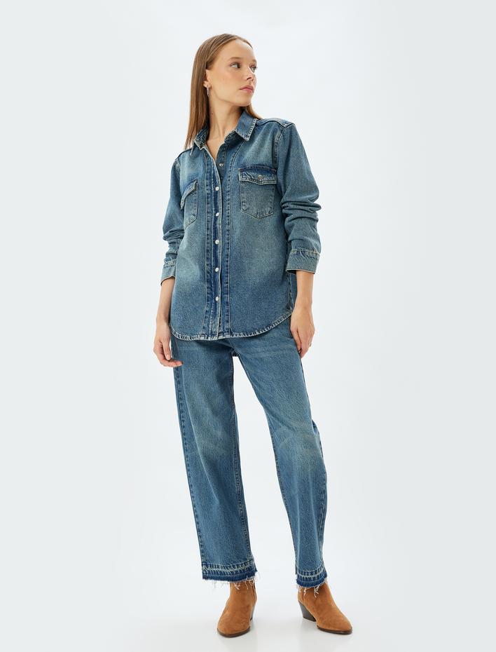  Kot Gömlek Oversize Klasik Yaka Düğmeli Cep Detaylı