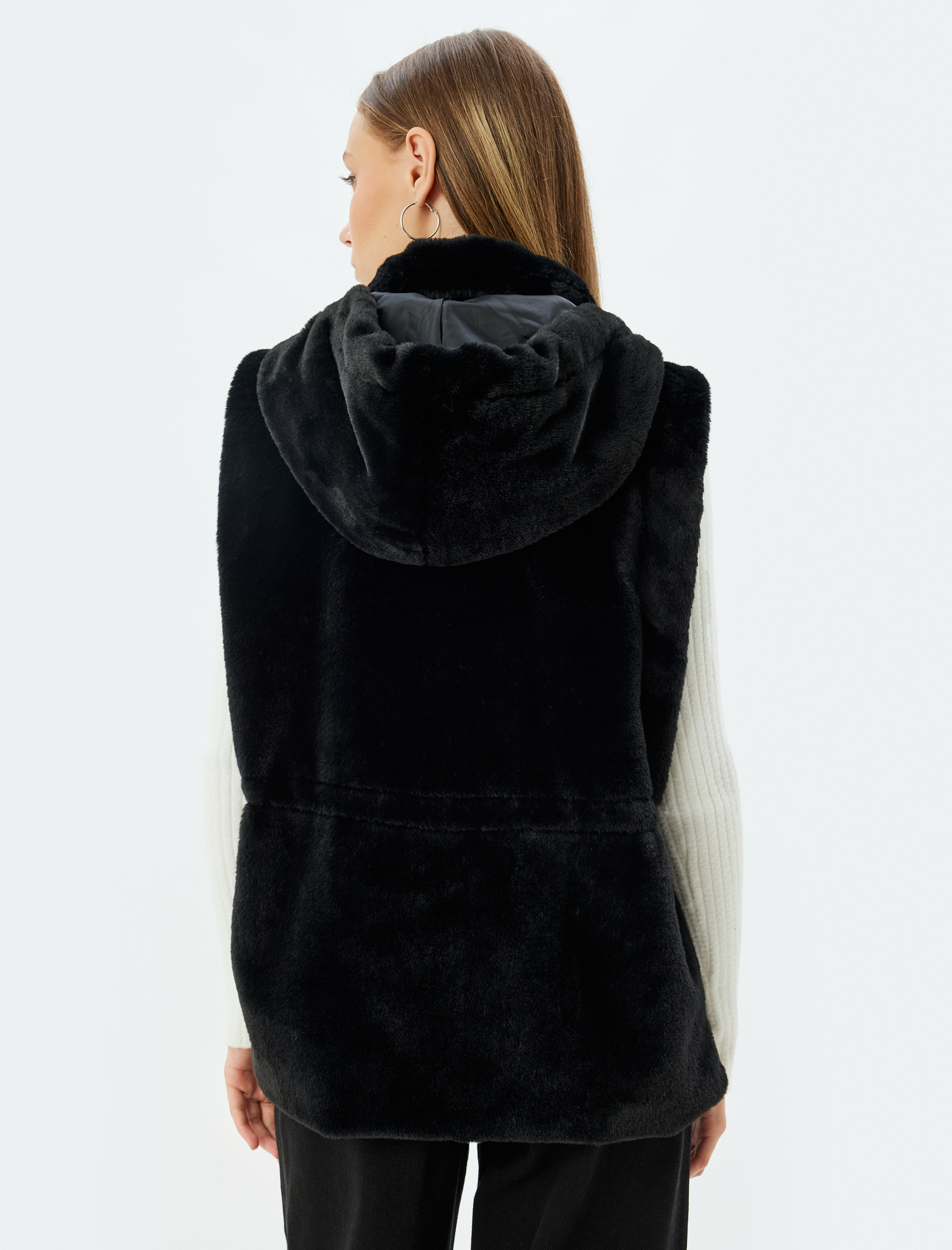   Kapüşonlu Çıtçıt Düğmeli Suni Kürk Yelek