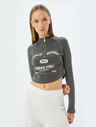 Crop Tişört Uzun Kollu Yarım Fermuarlı Slogan Baskılı Slim Fit