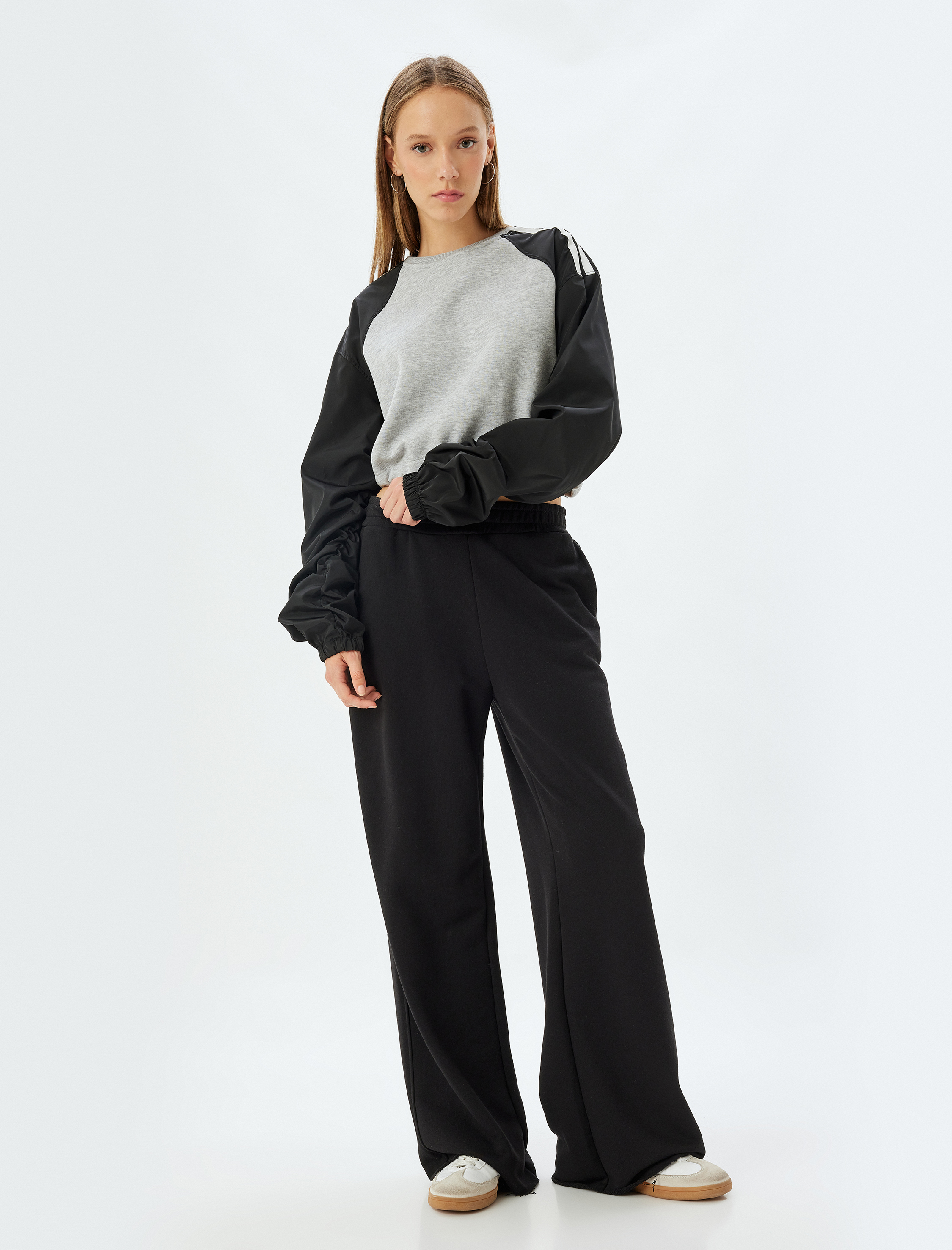   Şardonlu Crop Oversize Sweatshirt Reglan Kollu Bisiklet Yaka Biyeli