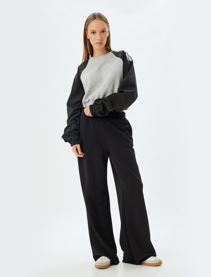  Şardonlu Crop Oversize Sweatshirt Reglan Kollu Bisiklet Yaka Biyeli