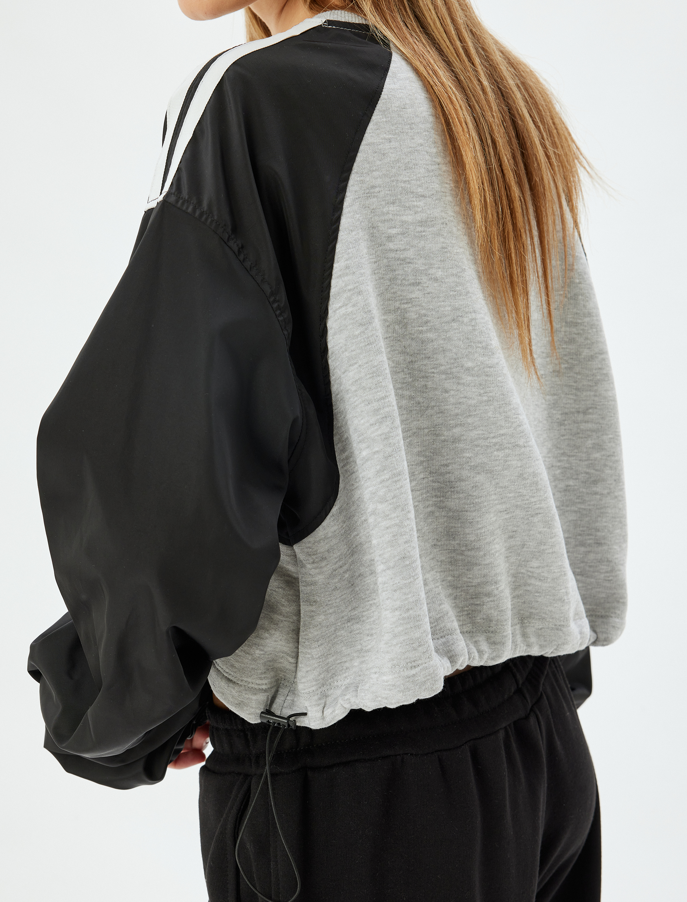   Şardonlu Crop Oversize Sweatshirt Reglan Kollu Bisiklet Yaka Biyeli