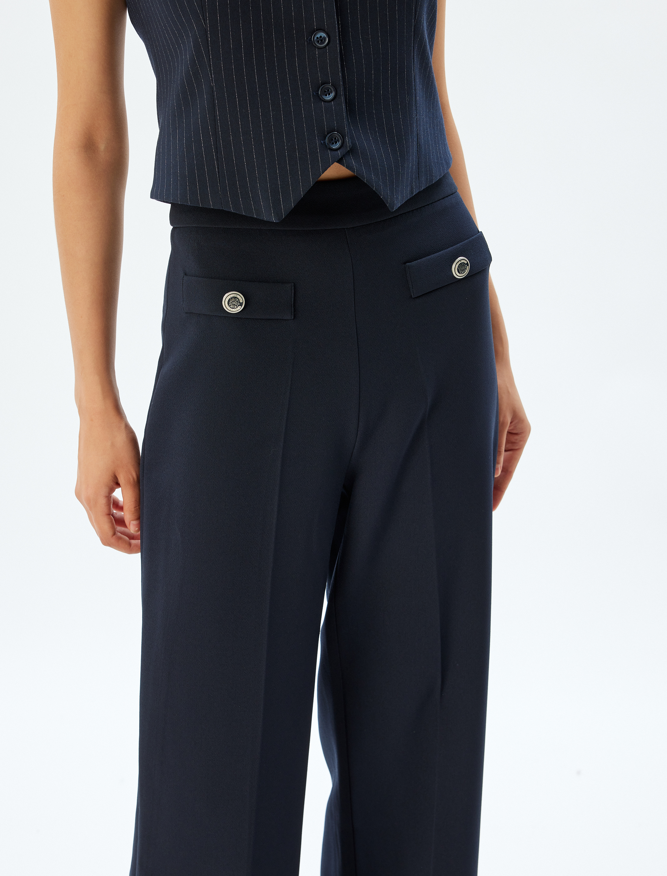   Yüksek Bel Kumaş Pantolon Bol Paça Önden Cep Detaylı