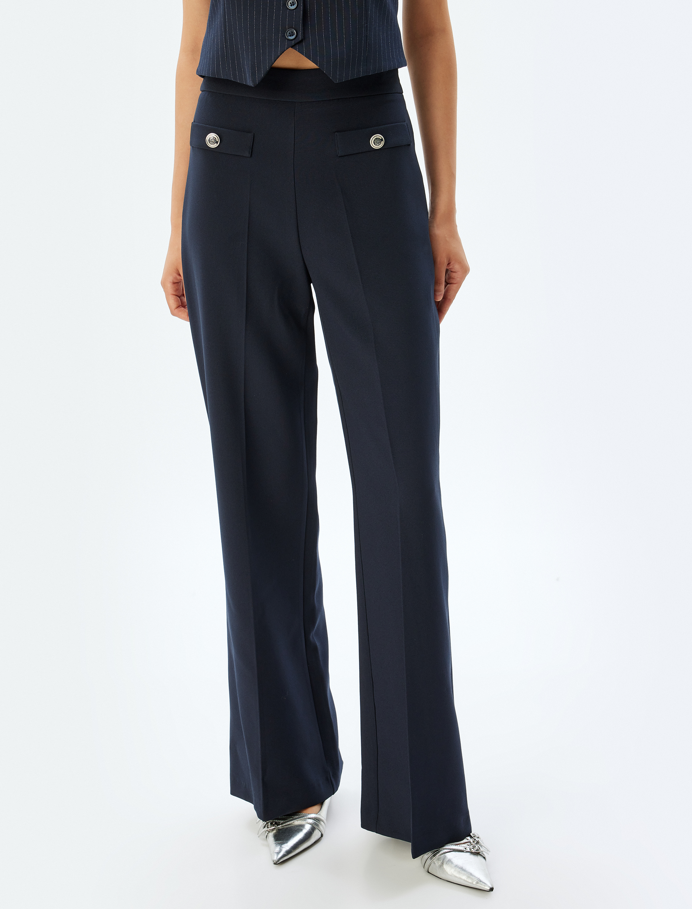   Yüksek Bel Kumaş Pantolon Bol Paça Önden Cep Detaylı