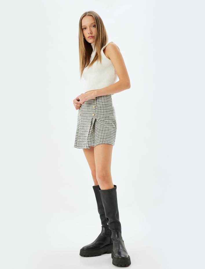  Mini Pileli Yüksek Bel Düğme Detaylı Etek