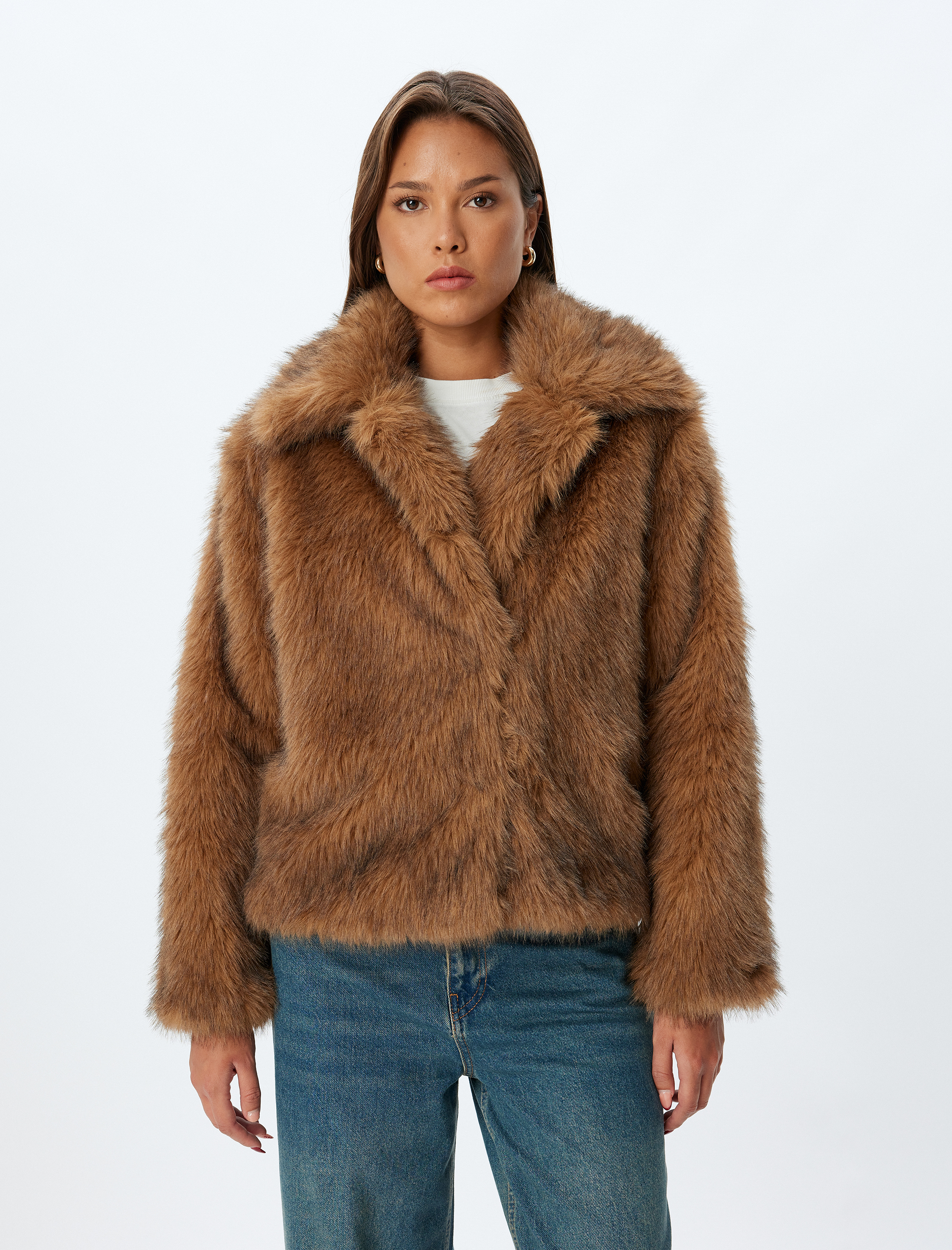   Suni Kürk Peluş Mont Kruvaze Ceket Yaka Cepli Uzun Kollu