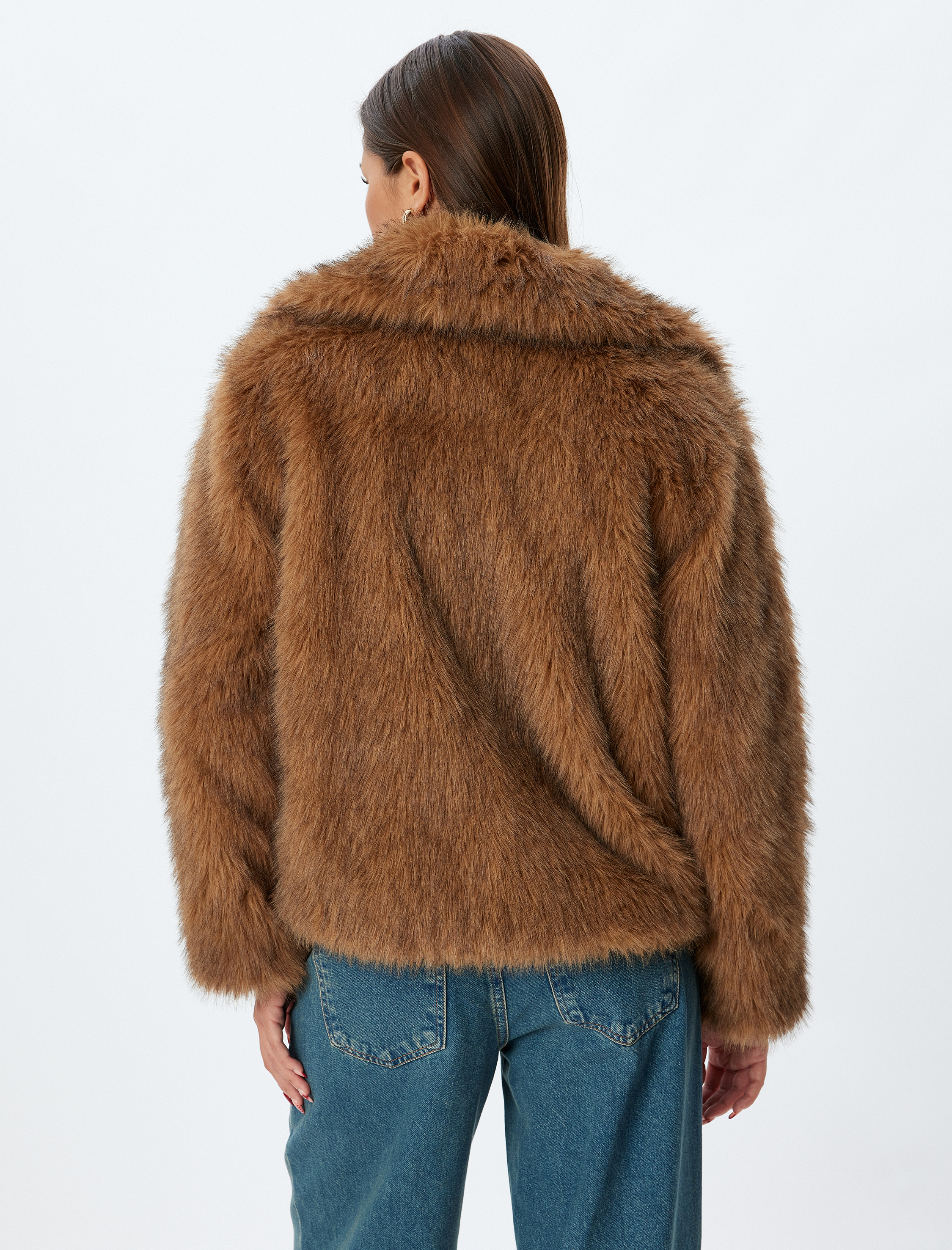   Suni Kürk Peluş Mont Kruvaze Ceket Yaka Cepli Uzun Kollu