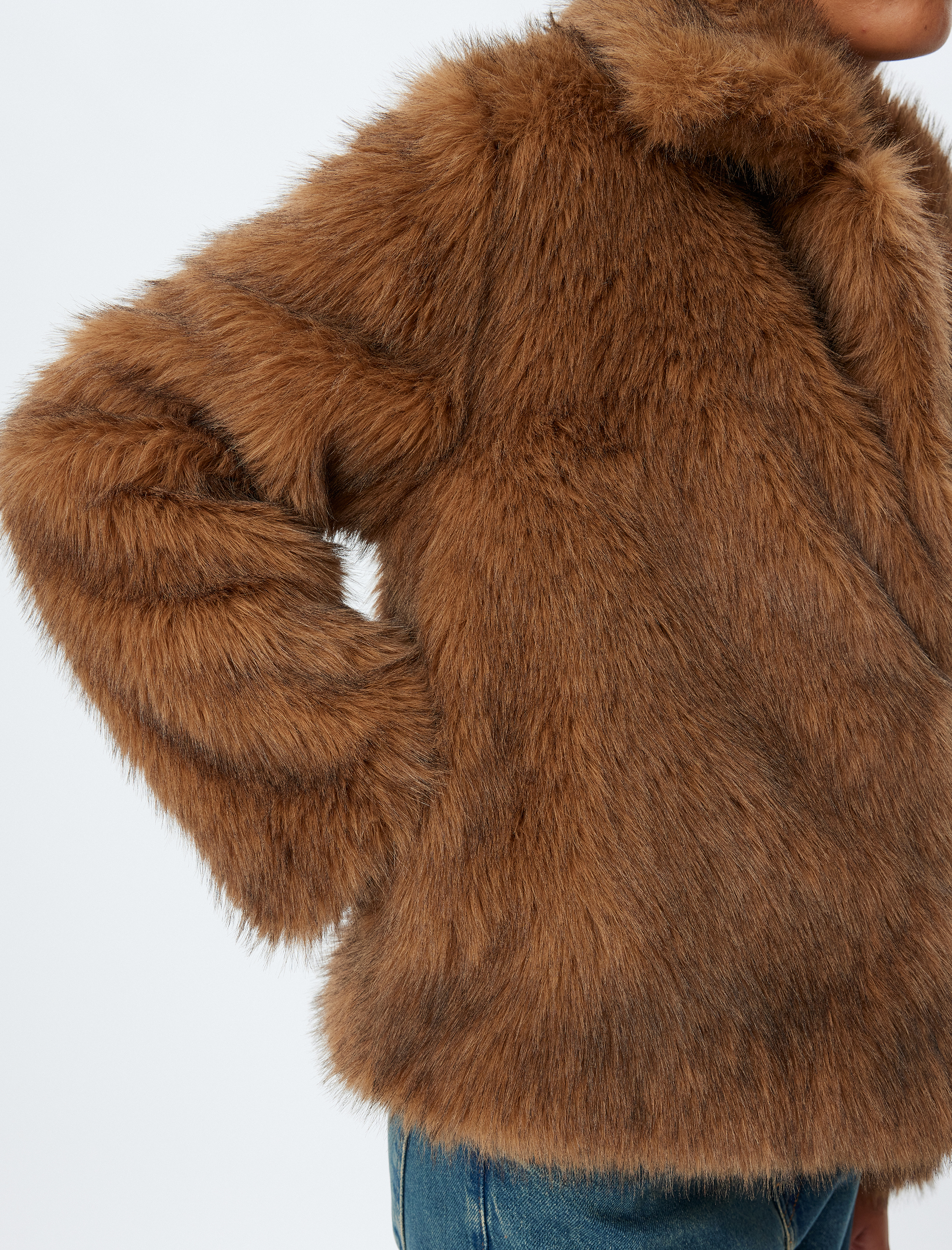   Suni Kürk Peluş Mont Kruvaze Ceket Yaka Cepli Uzun Kollu