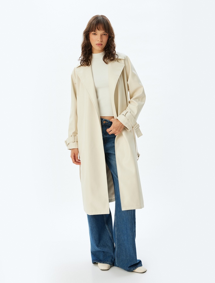  Uzun Suni Deri Trençkot Kruvaze Kemer Detaylı Cepli