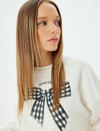 Oversize Sweatshirt Fiyonk Baskılı Bisiklet Yaka Sloganlı Şardonlu