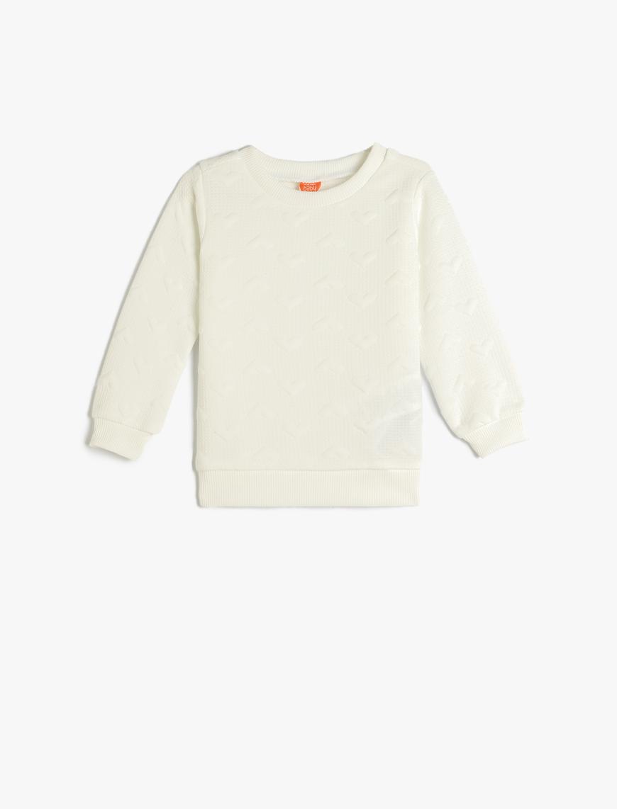  Kız Bebek Basic Sweatshirt Uzun Kollu Bisiklet Yaka Kalp Detaylı Dokulu