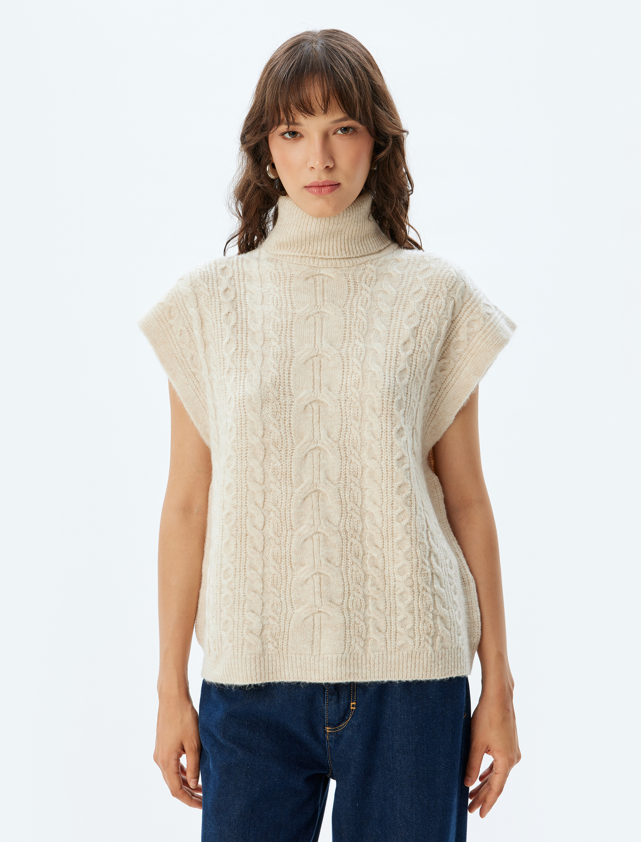   Dokulu Kolsuz Balıkçı Yaka Saç Örgü Süveter