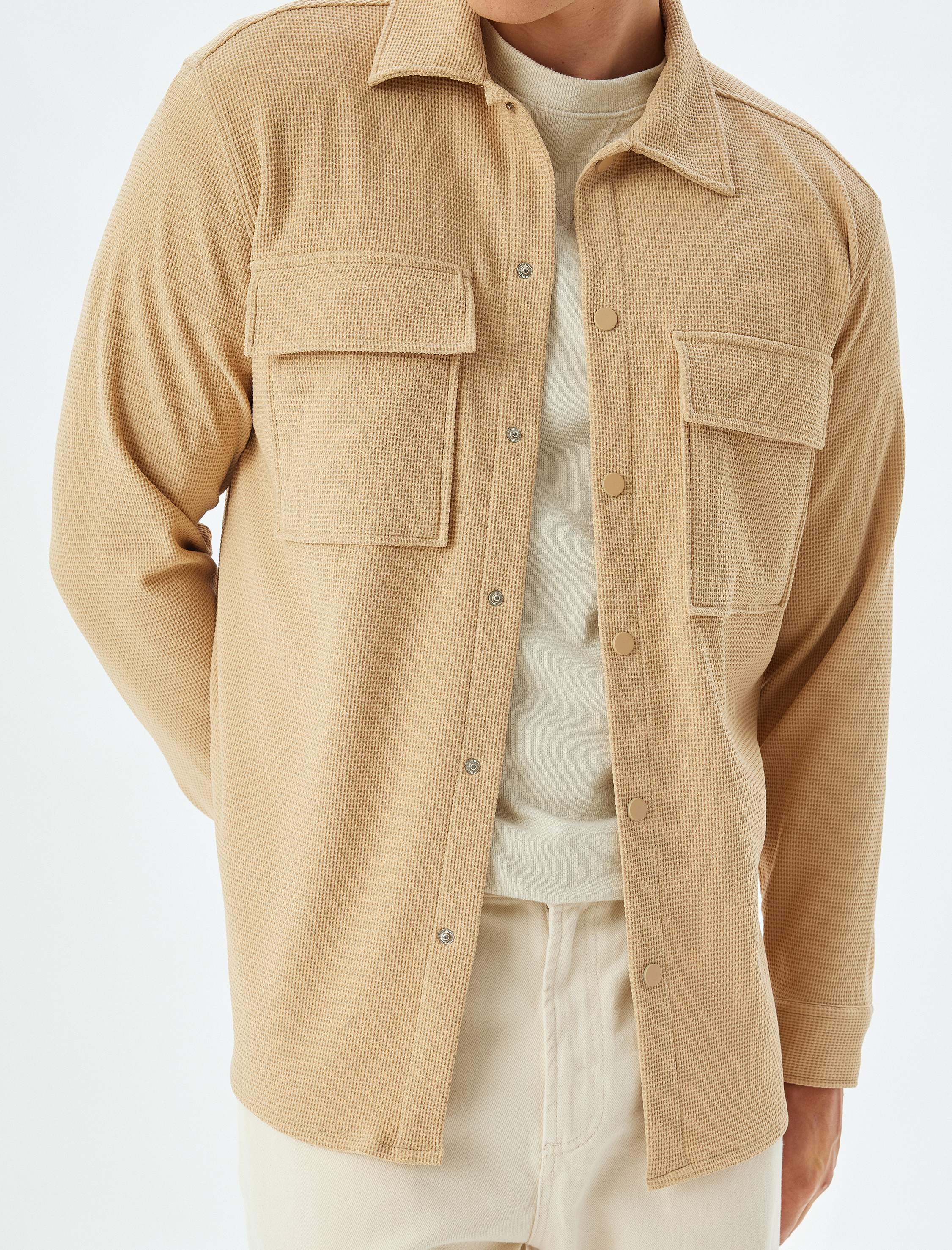   Waffle Kumaş Çıtçıtlı Kapaklı Cep Detaylı Gömlek Ceket