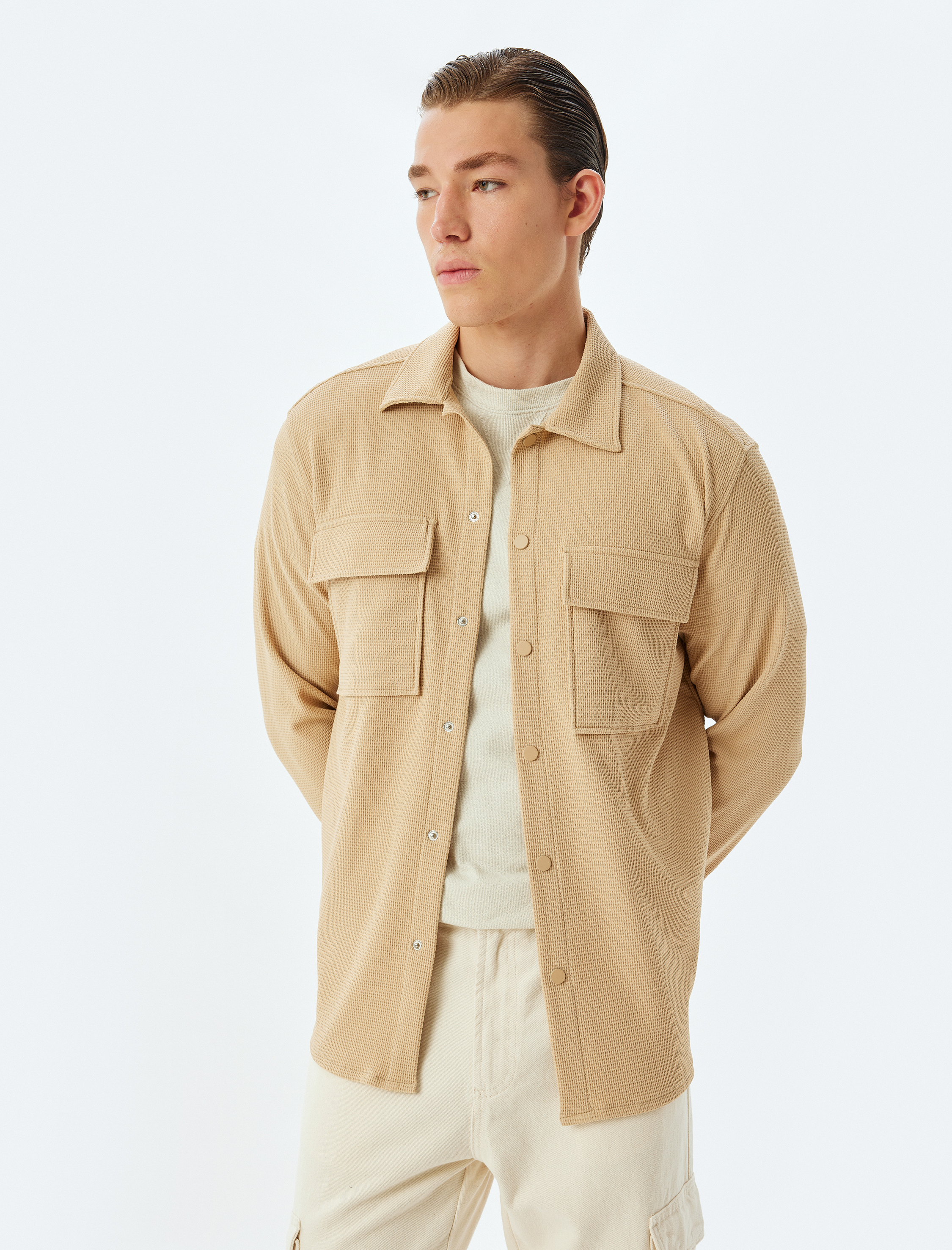   Waffle Kumaş Çıtçıtlı Kapaklı Cep Detaylı Gömlek Ceket