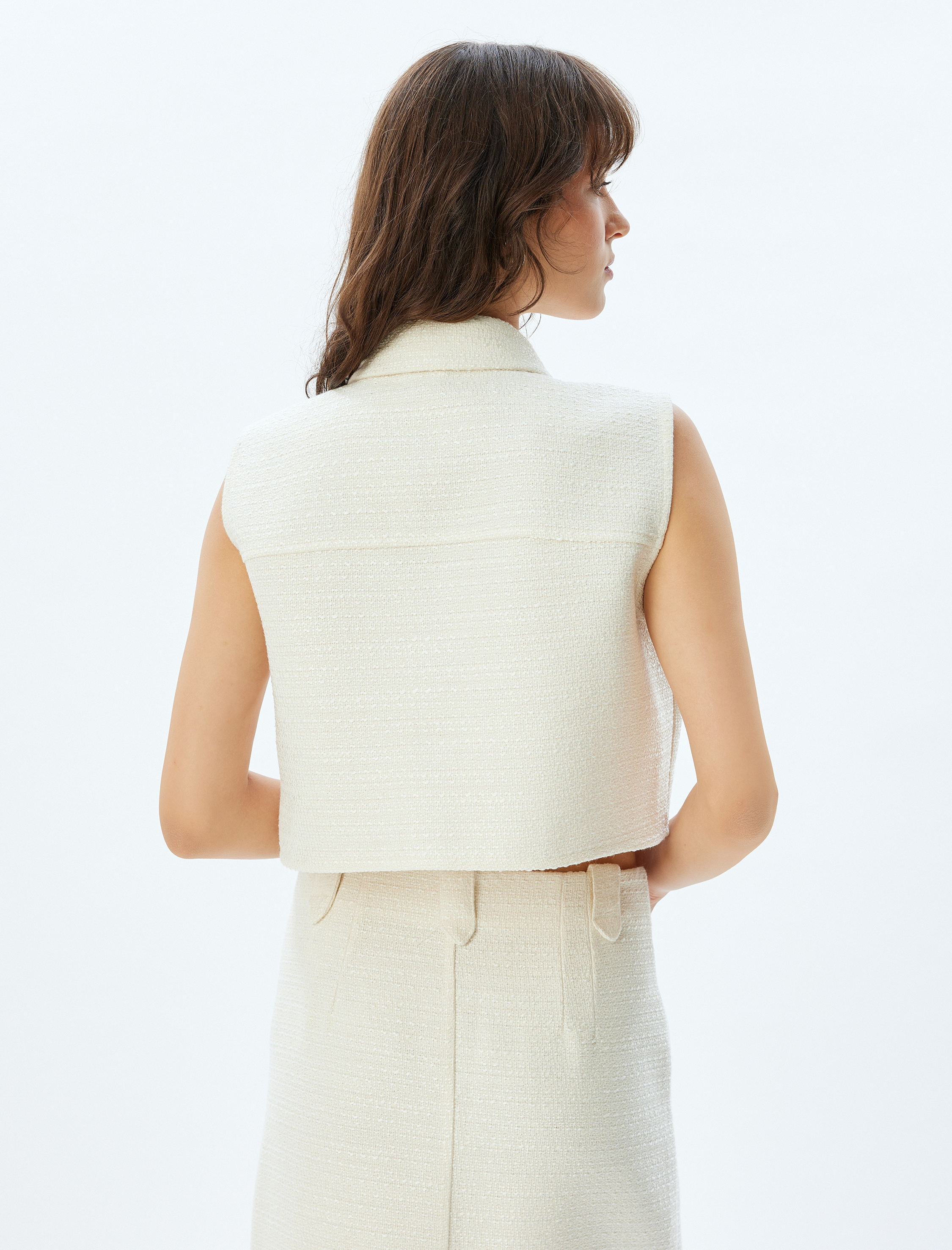 Tüvit Crop Yelek Kapaklı Cep Detaylı Gömlek Yaka Gold Düğme Detaylı