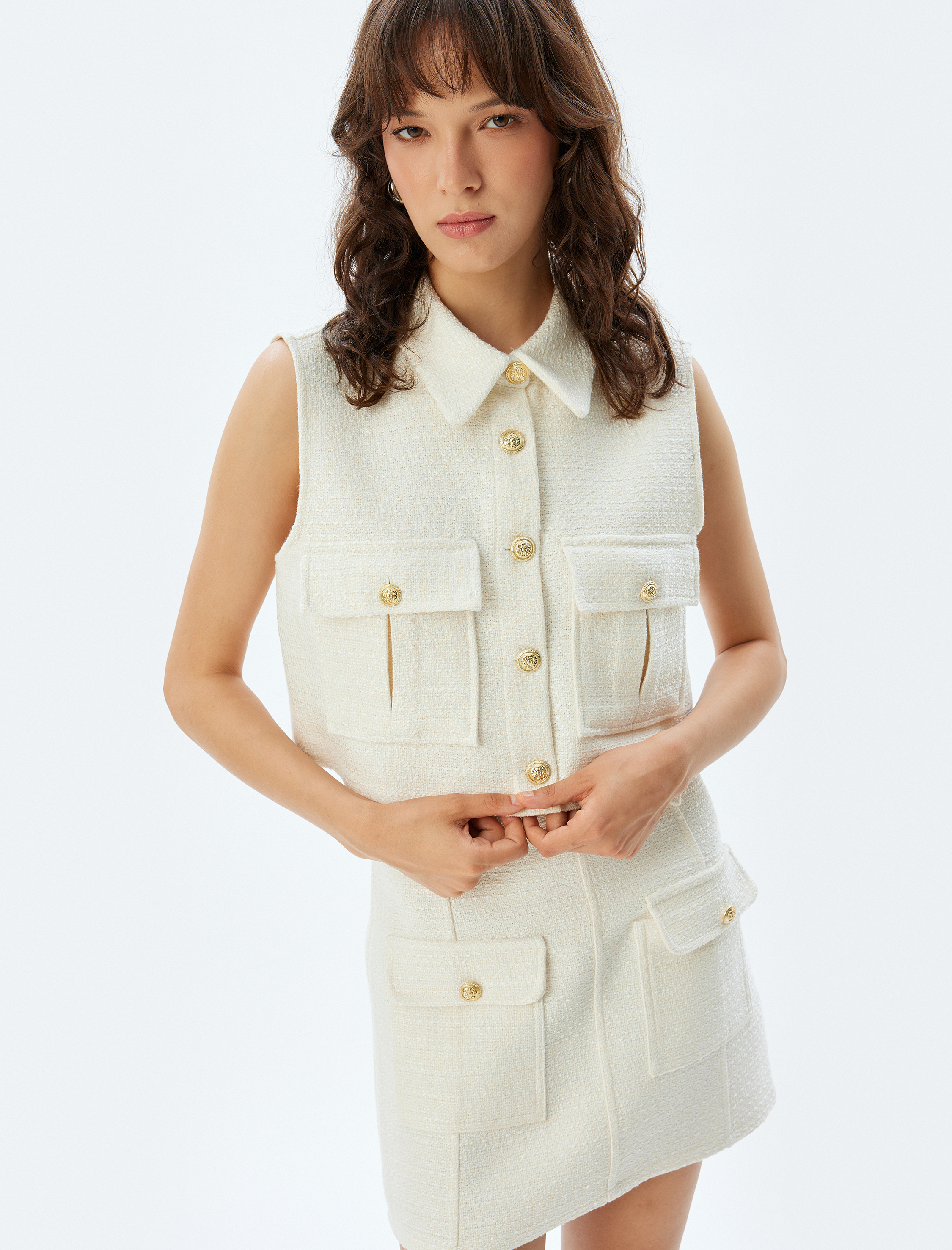 Tüvit Crop Yelek Kapaklı Cep Detaylı Gömlek Yaka Gold Düğme Detaylı