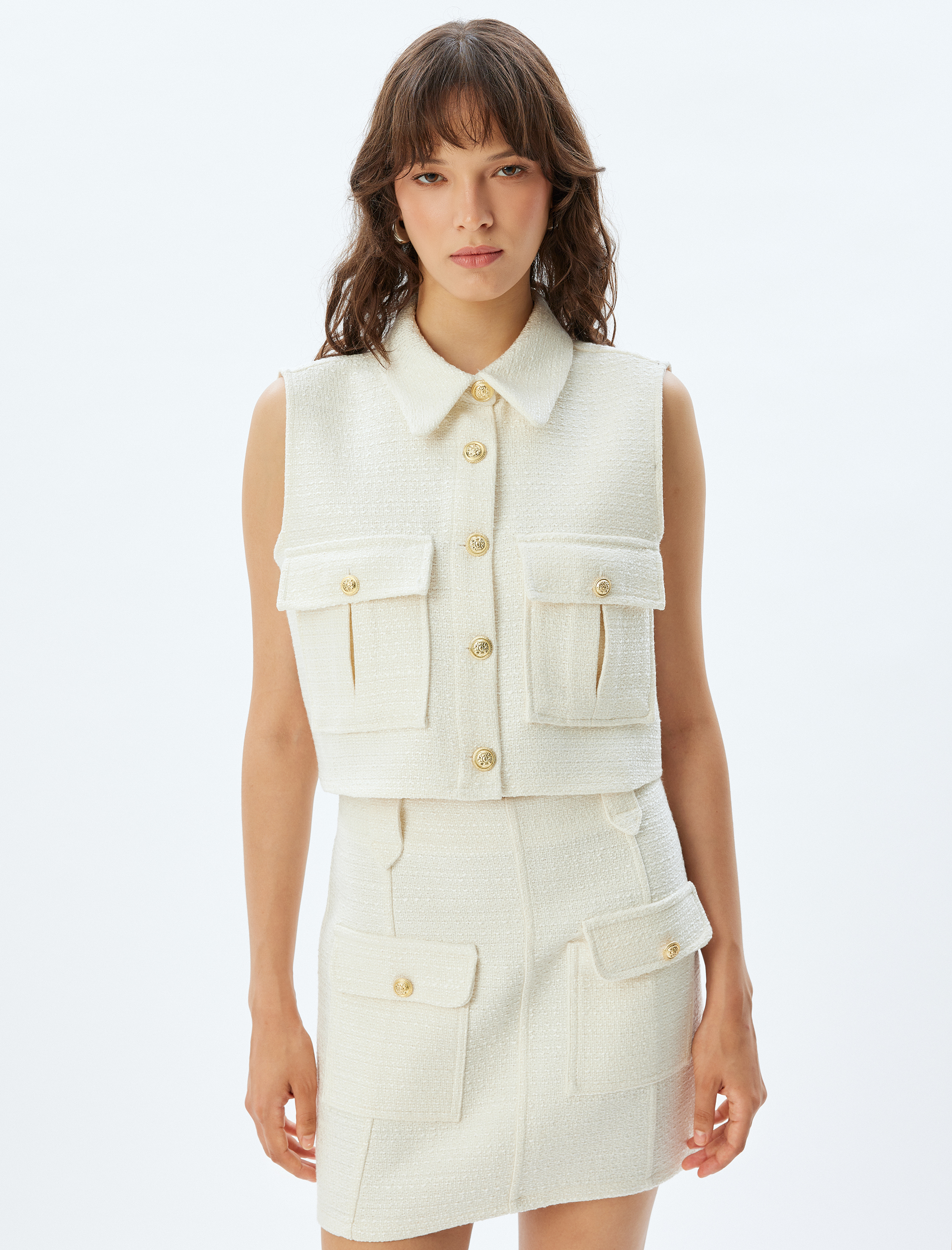 Tüvit Crop Yelek Kapaklı Cep Detaylı Gömlek Yaka Gold Düğme Detaylı