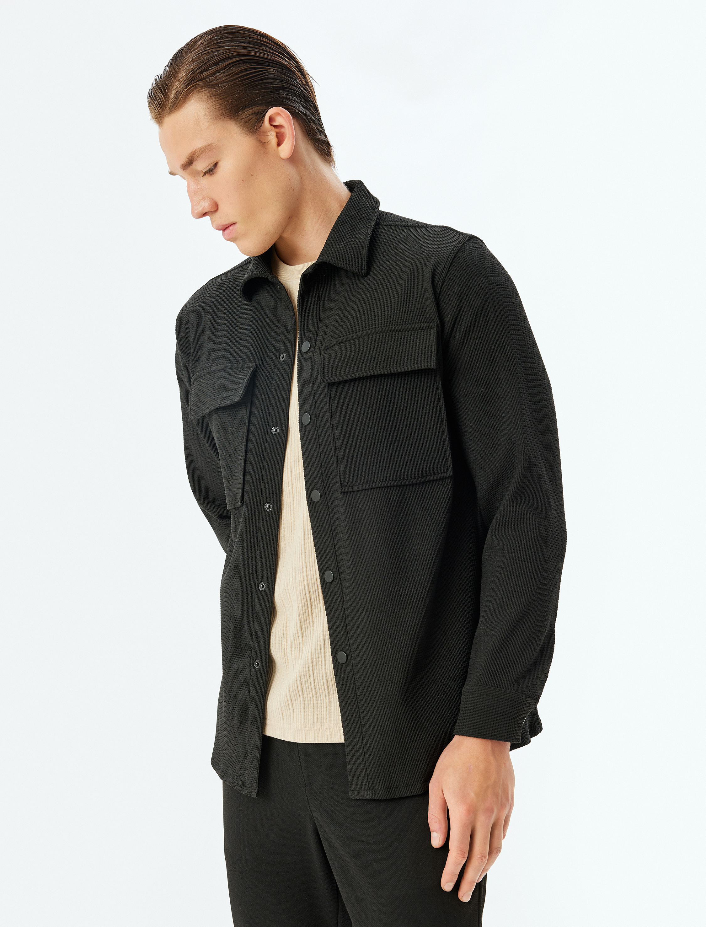 Waffle Kumaş Çıtçıtlı Kapaklı Cep Detaylı Gömlek Ceket