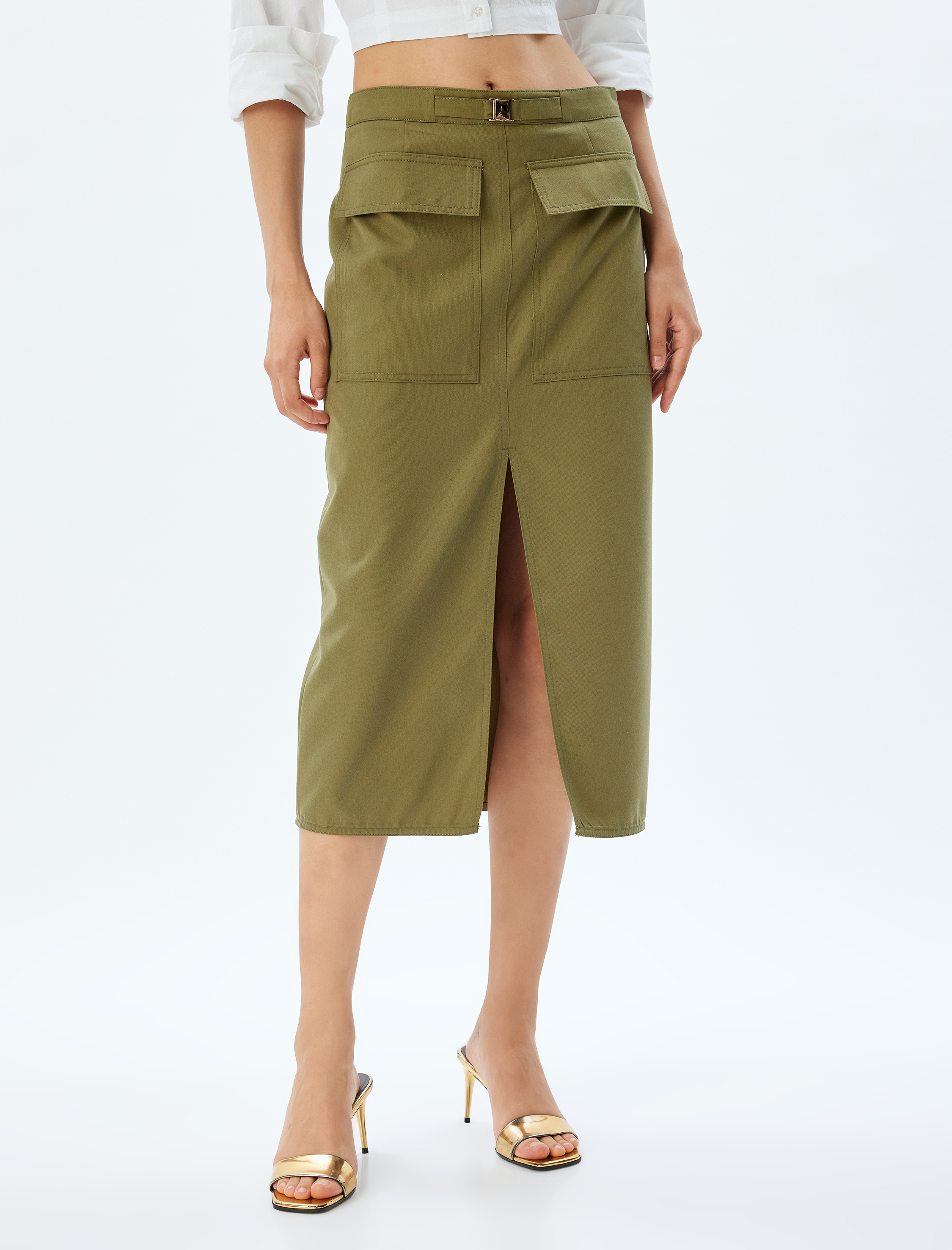   Yüksek Bel Cepli Önden Yırtmaç Detaylı Midi Kalem Etek